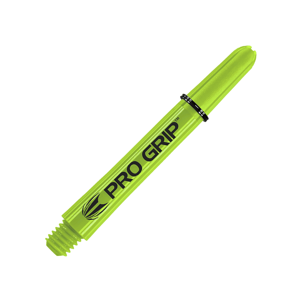 Das Bild zeigt einen limegrünen Dart-Schaft mit der Aufschrift "PRO GRIP". Der Hintergrund ist passend in derselben Farbe gestaltet.