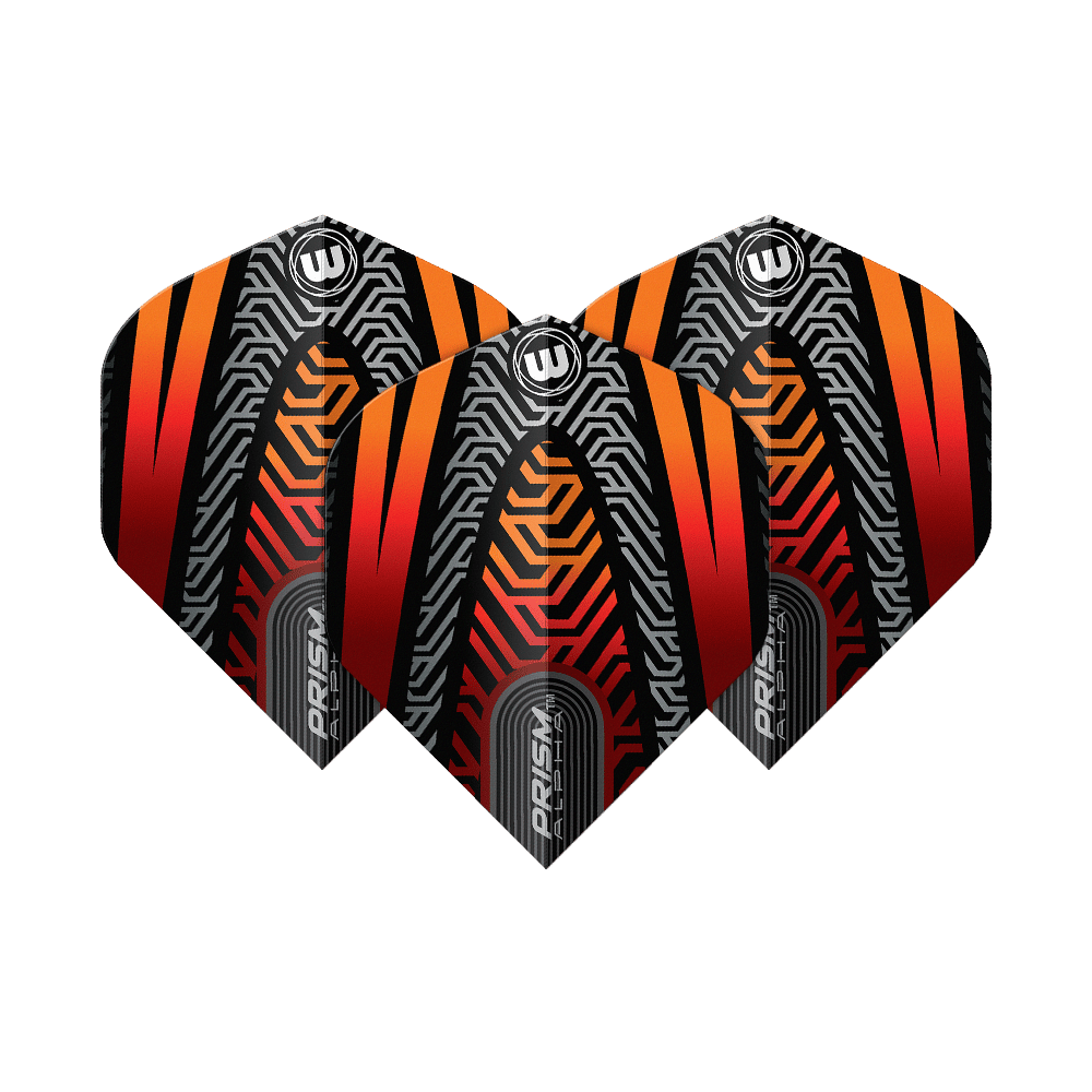 Das Bild zeigt drei Winmau Prism Alpha Schwarz Orange No2 Standard Flights. Die Flights haben ein auffälliges Design in Schwarz, Orange und Rot mit geometrischen Mustern.