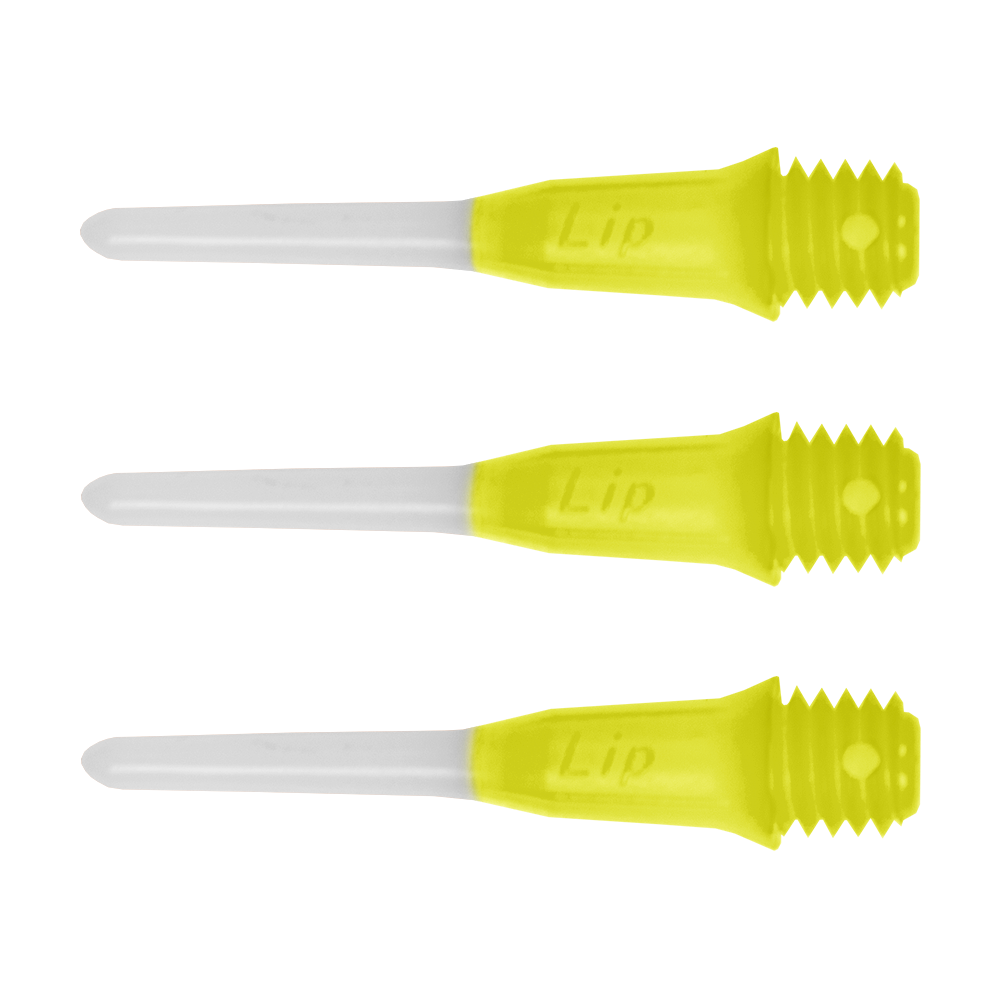 LIP36_L-Style_Two_Tone_Short_Lippoints_Gelb_-30er_Pack Auf dem Bild sind drei kurze, zweifarbige Dartspitzen der Marke L-Style zu sehen. Die Spitzen sind weiß mit gelbem Gewinde und tragen die Aufschrift "Lip".