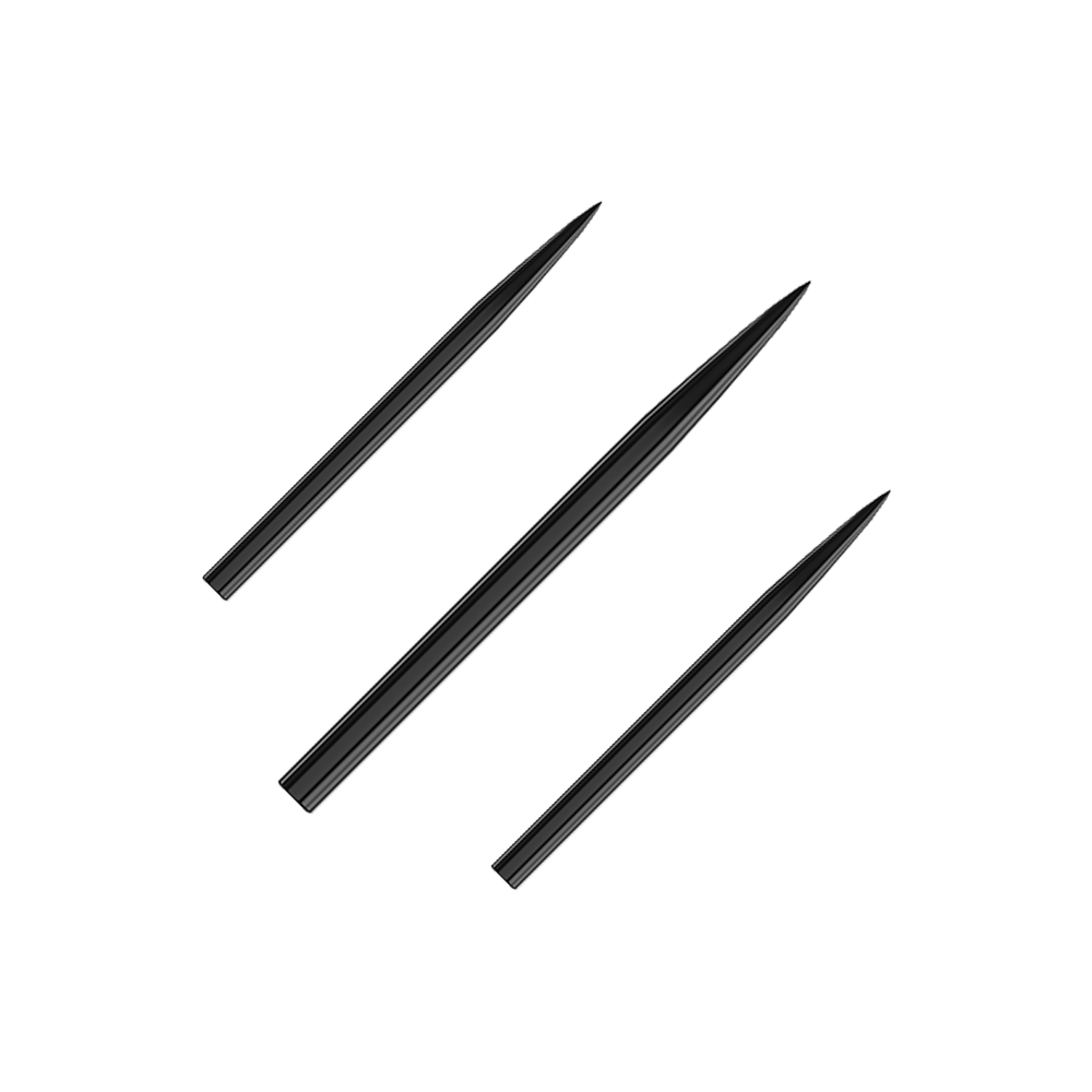 Harrows Steeldartspitzen - Schwarz Auf dem Bild sind drei schwarze Stahlspitzen für Darts zu sehen. Sie sind in einer diagonalen Linie angeordnet und haben eine spitze Form.