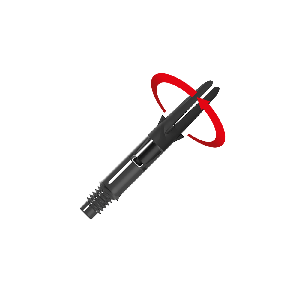 Das Bild zeigt einen schwarzen Dart-Schaft aus Carbon. Ein roter Pfeil deutet eine Drehbewegung auf den oberen Teil des Schafts an.