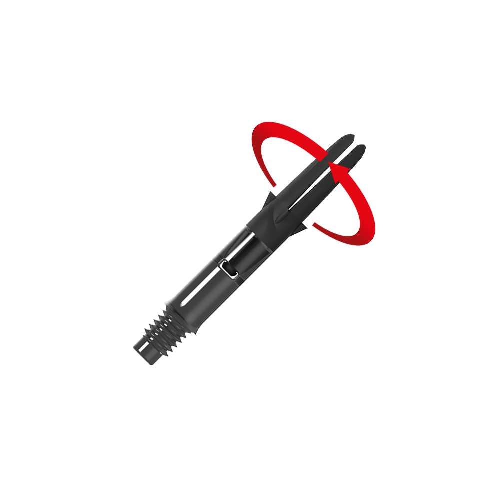L-Style L-Shaft Carbon Silent Straight - Schwarz 190 Das Bild zeigt einen schwarzen Dart-Schaft aus Carbon. Ein roter Pfeil deutet eine Drehbewegung auf den oberen Teil des Schafts an.