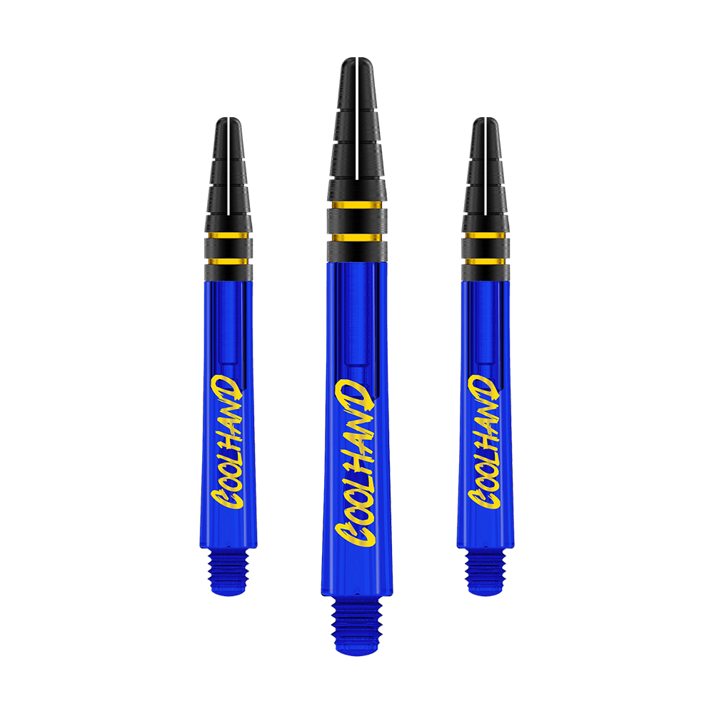 Auf dem Bild sind drei blaue Dartshafts mit der gelben Aufschrift „COOLHAND“ zu sehen. Die oberen Enden der Shafts sind schwarz mit goldenen Ringen verziert.