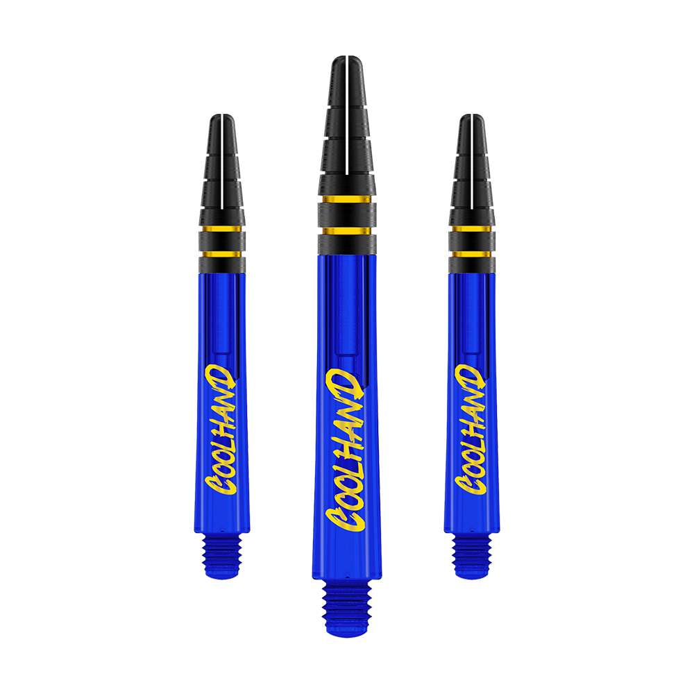 Red Dragon Nitrotech Luke Humphries Coolhand Shafts - Blau Auf dem Bild sind drei blaue Dartshafts mit der gelben Aufschrift „COOLHAND“ zu sehen. Die oberen Enden der Shafts sind schwarz mit goldenen Ringen verziert.