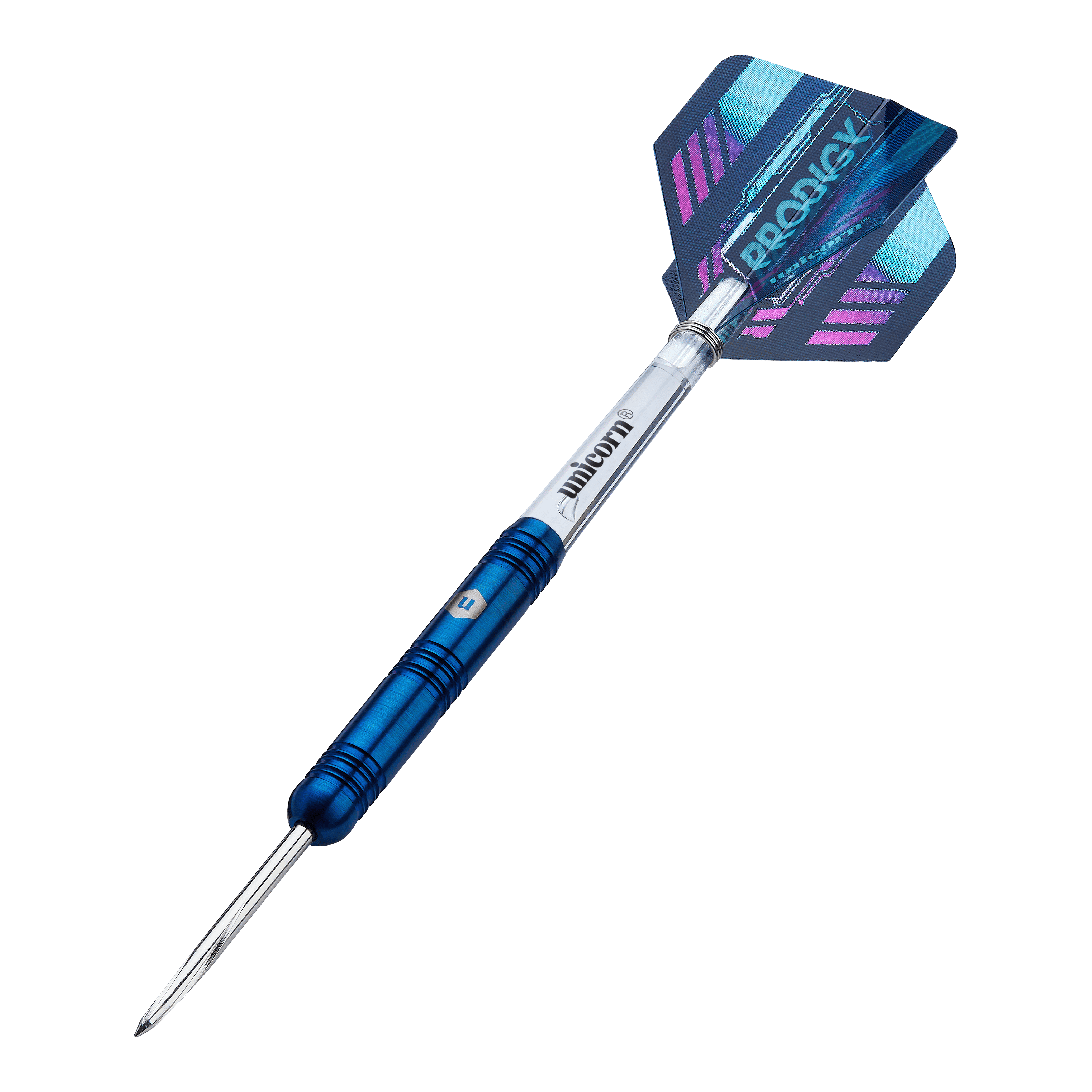 Dieses Bild zeigt einen Unicorn Prodigy 01 Parallel Steeldart. Der Dartpfeil hat einen blauen Schaft und eine bunte Flight mit dem Aufdruck "Prodigy".
