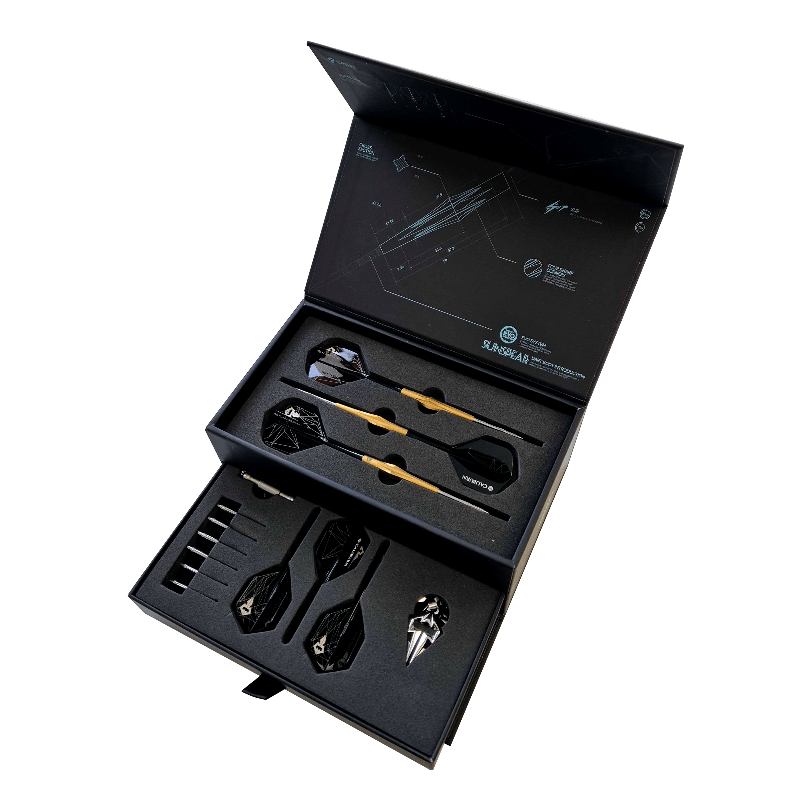 Caliburn Starships Series Sunspear Steeldarts - 19g Abgebildet ist Caliburn Starships Series Sunspear Steeldarts - 19g. Das Produkt zeigt einen Satz hochwertiger Steeldarts.