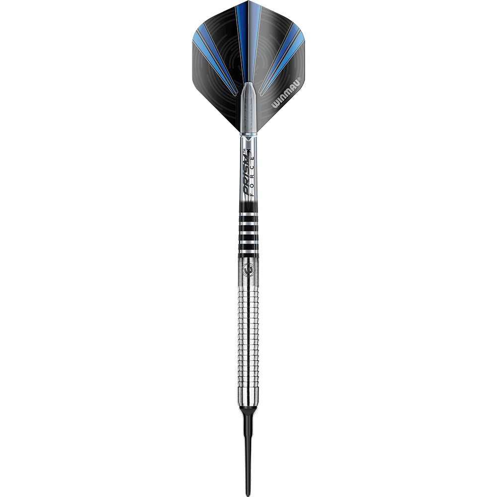 Das Bild zeigt einen Softdartpfeil mit einer schwarzen und blauen Flights. Der Schaft ist silbern mit schwarzen Ringen und die Spitze ist aus Kunststoff.
