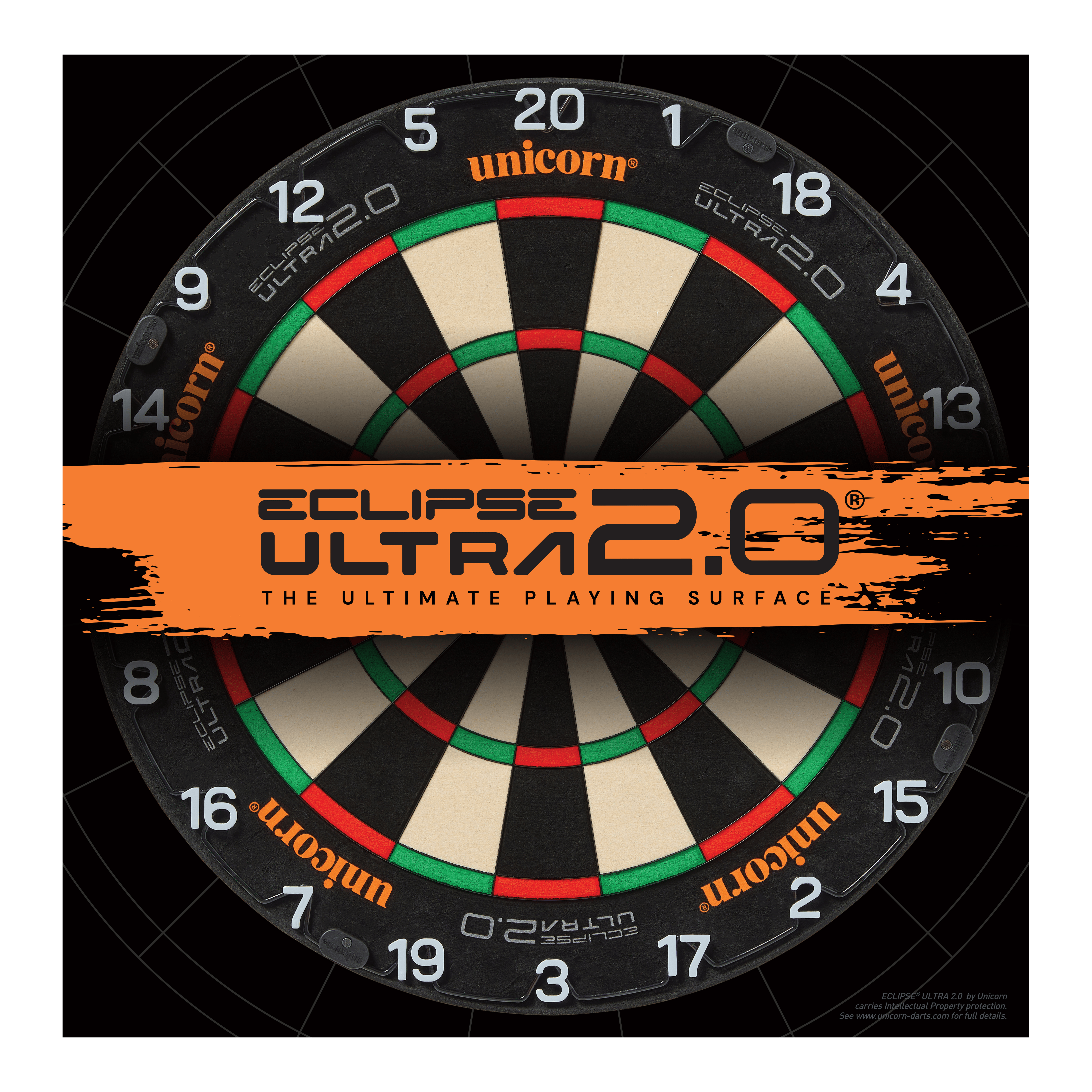 Unicorn Eclipse Ultra 2.0 Steeldartboard Das Bild zeigt eine Unicorn Eclipse Ultra 2.0 Steeldartboard. In der Mitte ist ein orangefarbener Streifen mit dem Schriftzug "Eclipse Ultra 2.0 – The Ultimate Playing Surface".