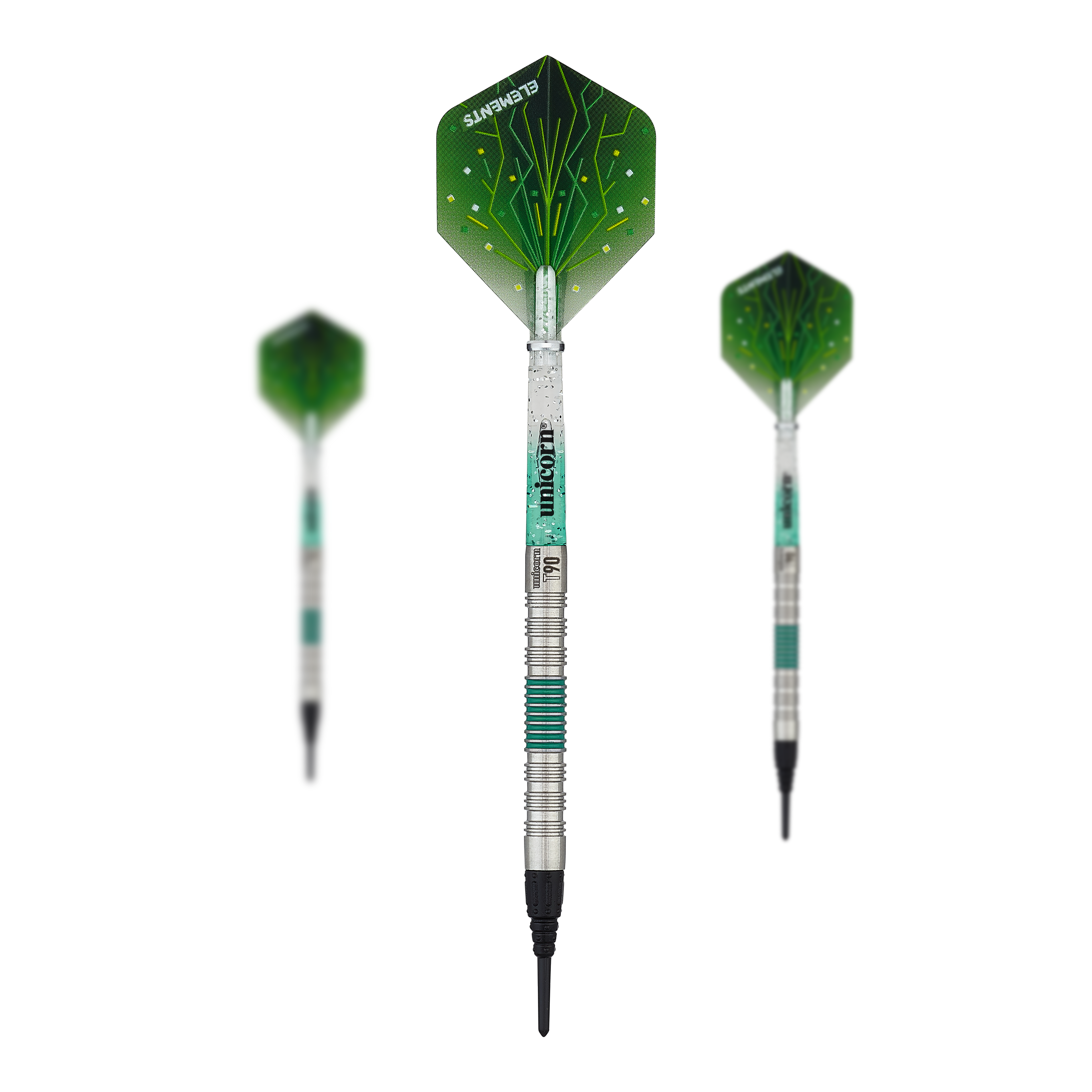 Das Bild zeigt drei grüne Softdarts der Marke Unicorn T90 Core XL. Die Dartpfeile haben ein silbernes Barrel und grüne Flights mit einem abstrakten Muster.