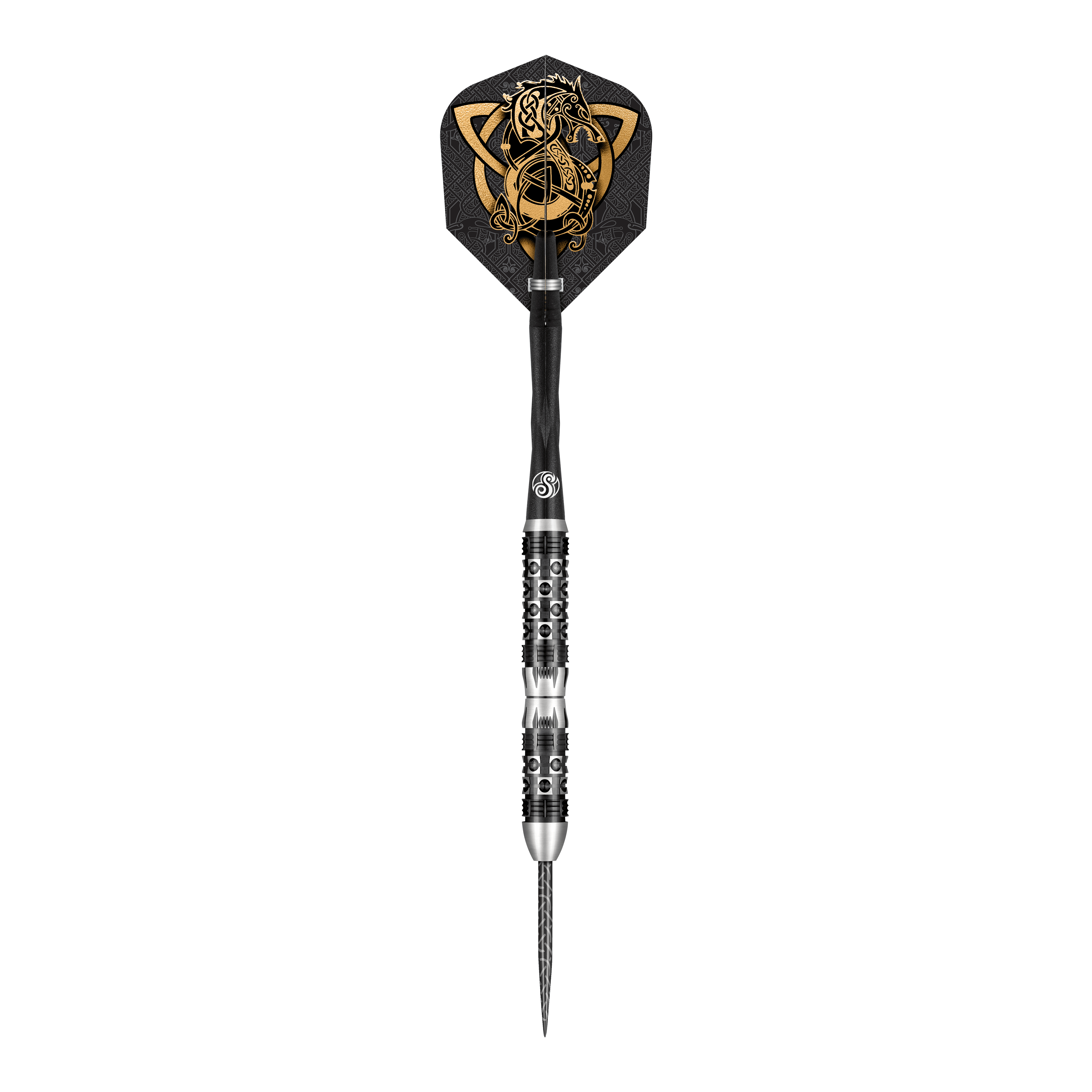 Das Bild zeigt einen Shot Viking Wolf Steeldart mit einem detaillierten, schwarzen und goldenen Motiv auf dem Flight. Der Dart hat ein silbernes und schwarzes Design am Barrel und eine scharfe Metallspitze.