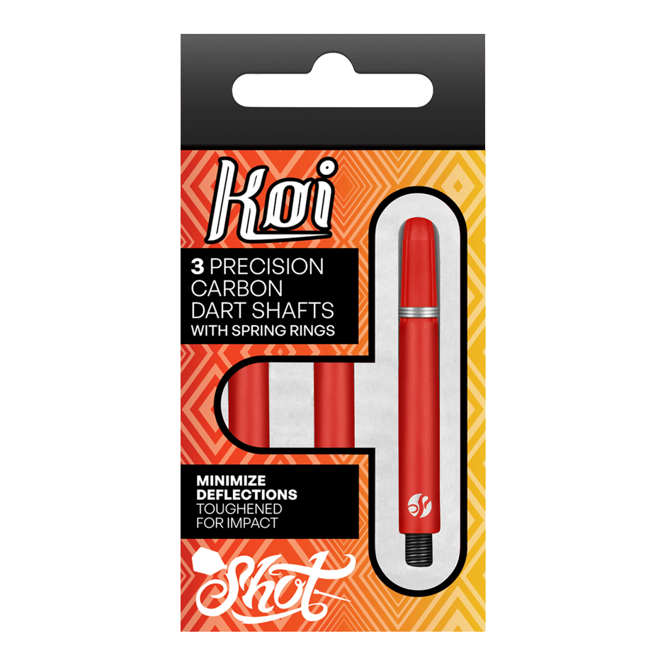 Shot Koi Carbon Shafts - Rot Die Verpackung zeigt drei präzise Koi Carbon-Dartschäfte in Rot. Sie sind für minimale Ablenkung und hohe Schlagfestigkeit ausgelegt.
