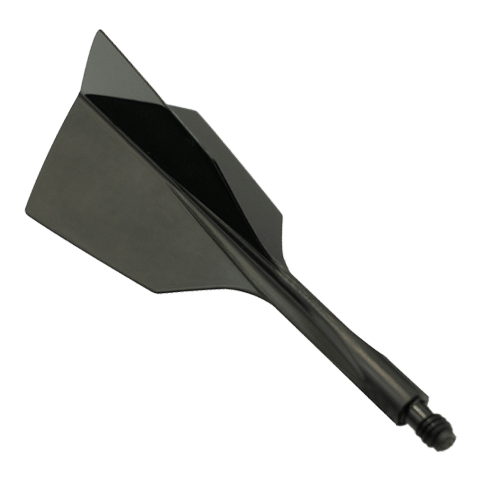 Das Bild zeigt das Produkt "Condor Axe 120 Flight-System Black - Narrow". Es handelt sich um einen schwarzen, schmalen Dartflight mit integriertem Schaft.