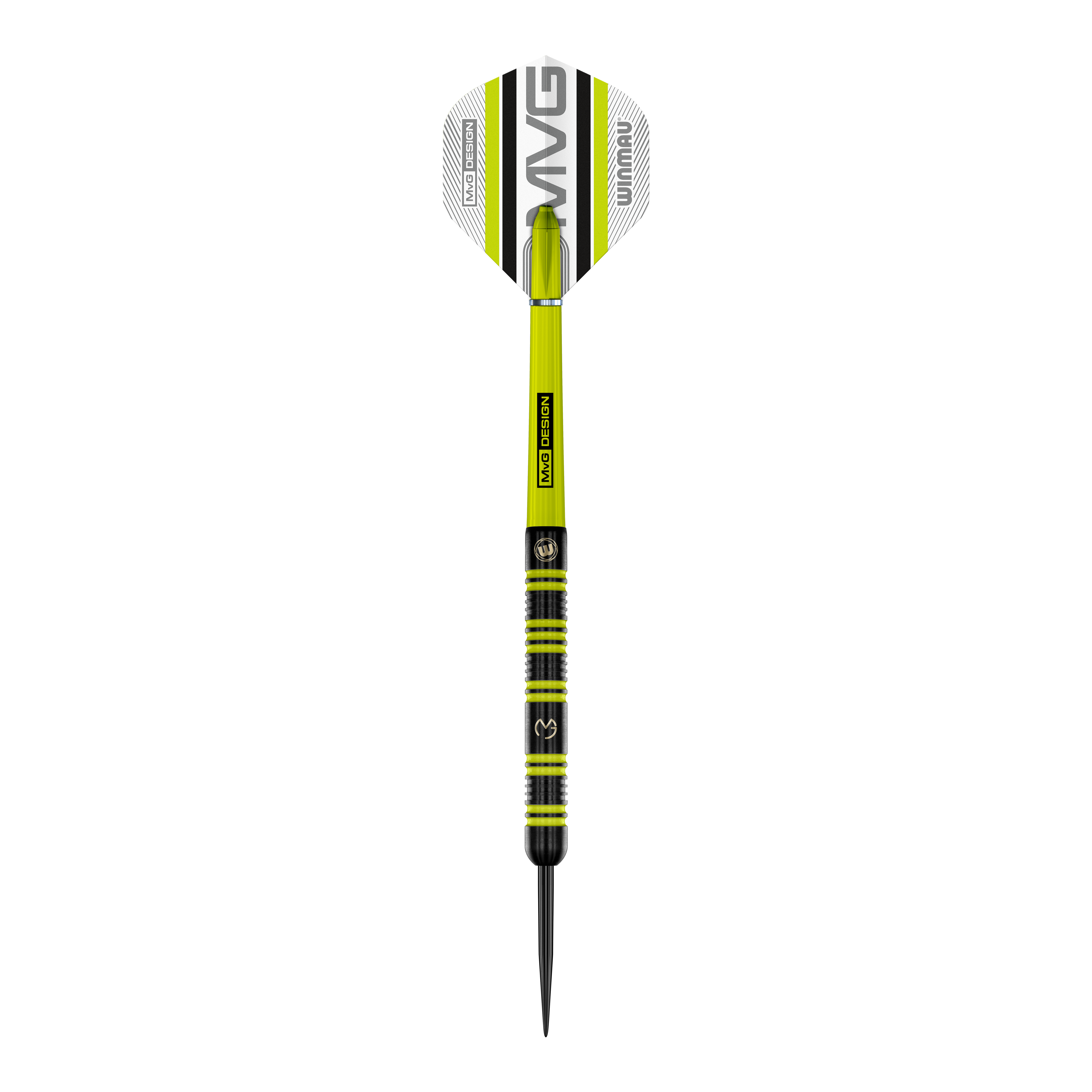 Auf dem Bild ist ein Winmau Michael Van Gerwen 85 Pro-Series Steeldart zu sehen. Der Dart hat ein modernes Design mit grünen und schwarzen Akzenten sowie der Aufschrift „MVG DESIGN“ auf dem Schaft.