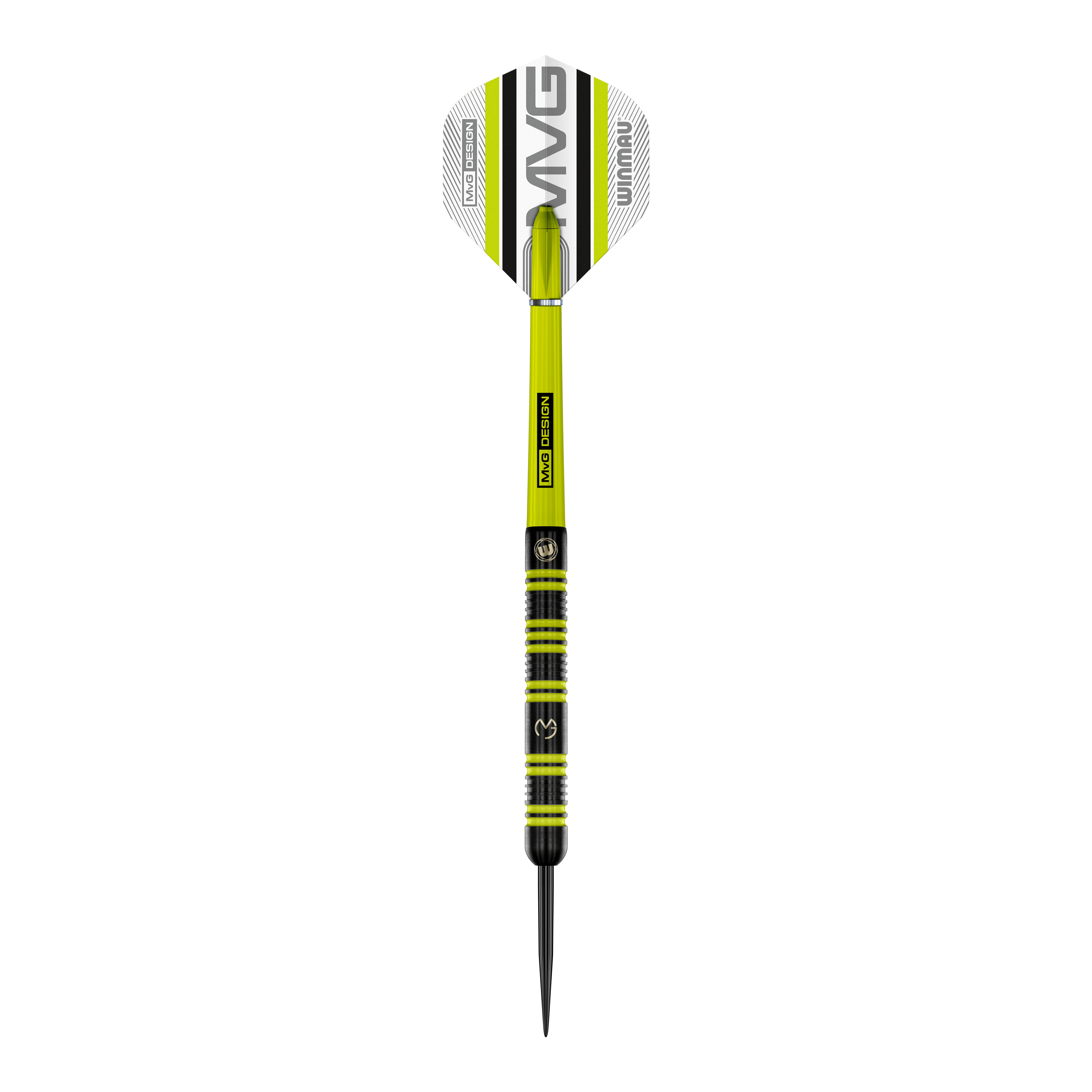 Winmau Michael Van Gerwen 85 Pro-Series Steeldarts Auf dem Bild ist ein Winmau Michael Van Gerwen 85 Pro-Series Steeldart zu sehen. Der Dart hat ein modernes Design mit grünen und schwarzen Akzenten sowie der Aufschrift „MVG DESIGN“ auf dem Schaft.