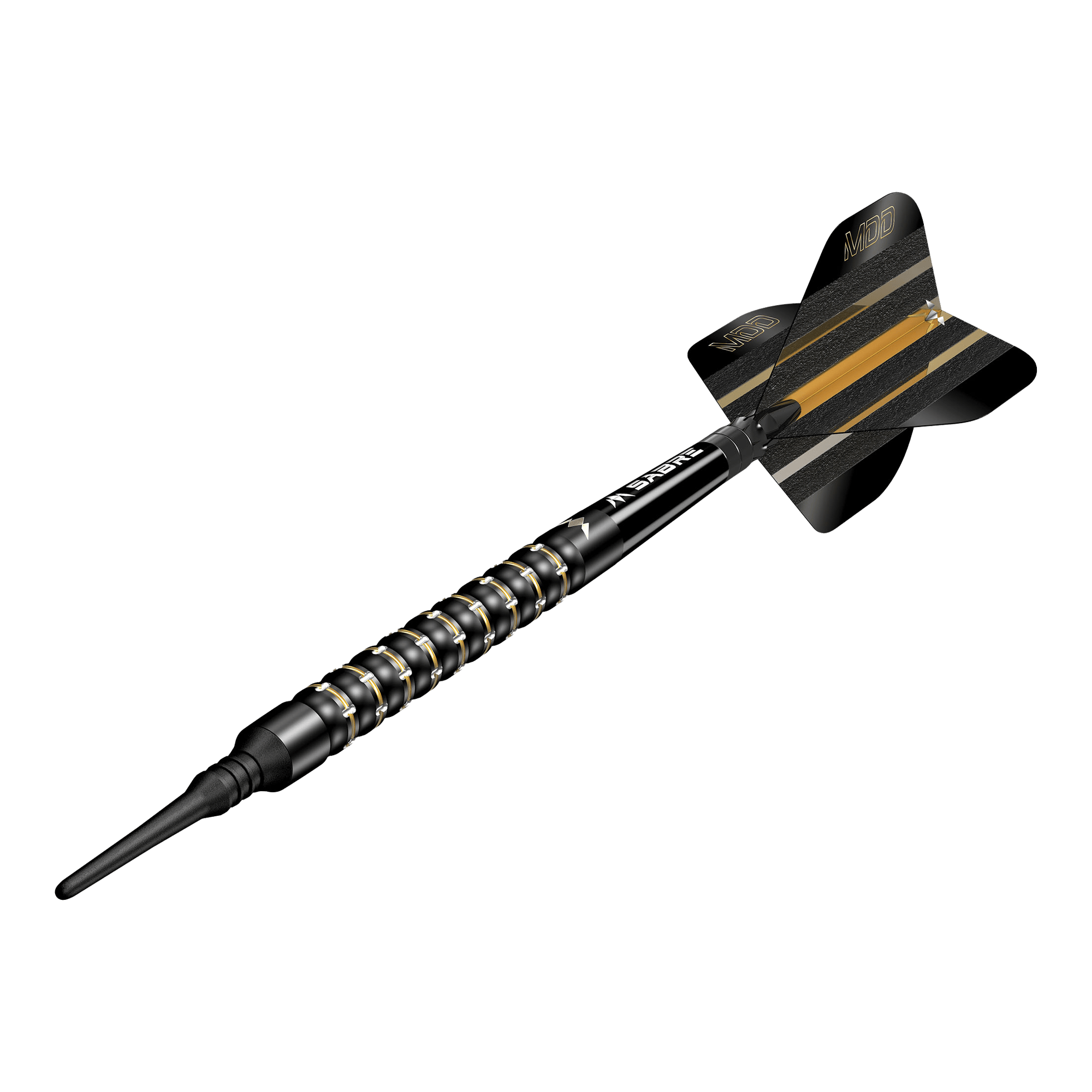 Das Bild zeigt einen schwarzen Softdartpfeil mit goldenen Akzenten. Auf der Flight steht "MDD" und der Pfeil wirkt hochwertig und modern.