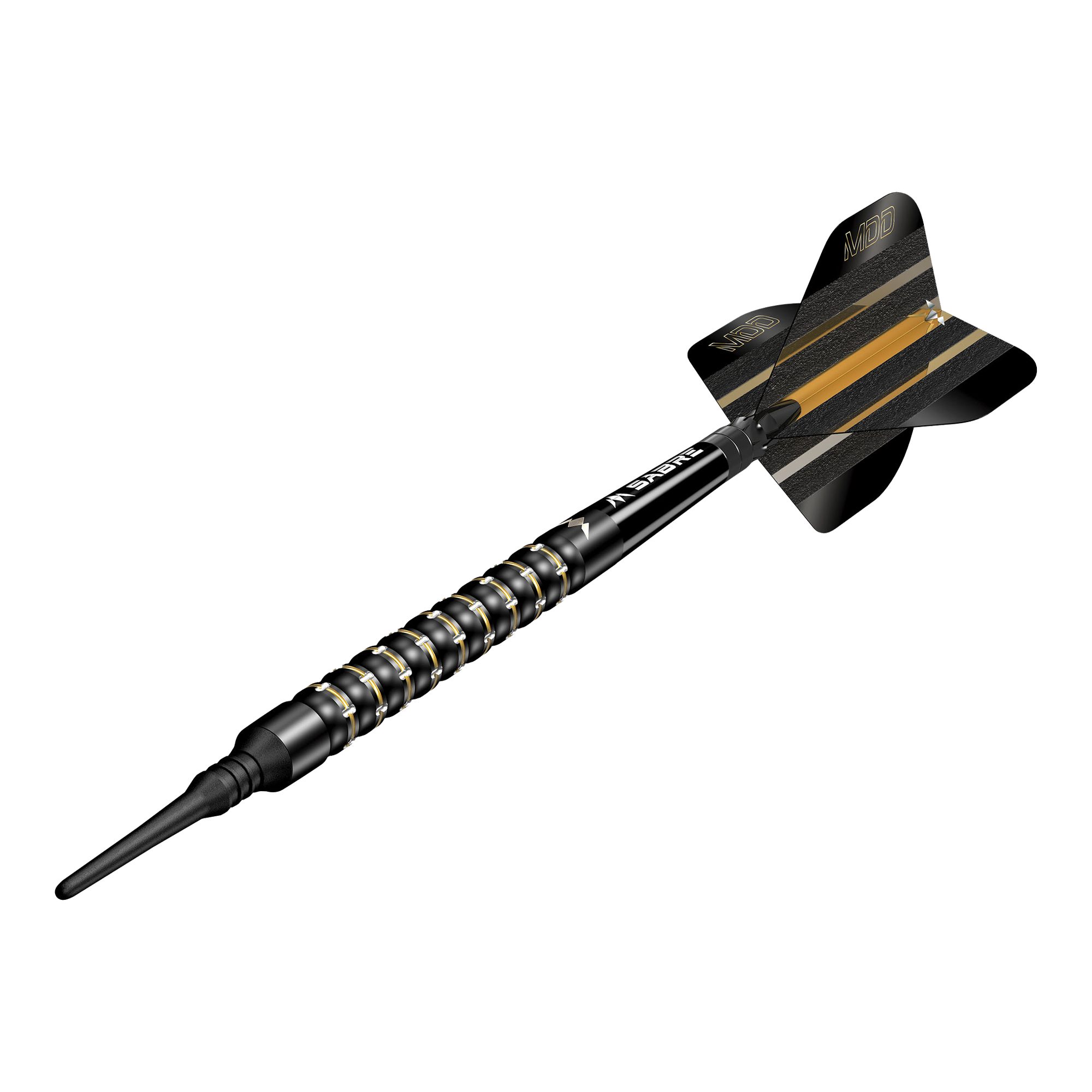 Mission Mike De Decker MDD Black Gold Softdarts - 20g Das Bild zeigt einen schwarzen Softdartpfeil mit goldenen Akzenten. Auf der Flight steht "MDD" und der Pfeil wirkt hochwertig und modern.