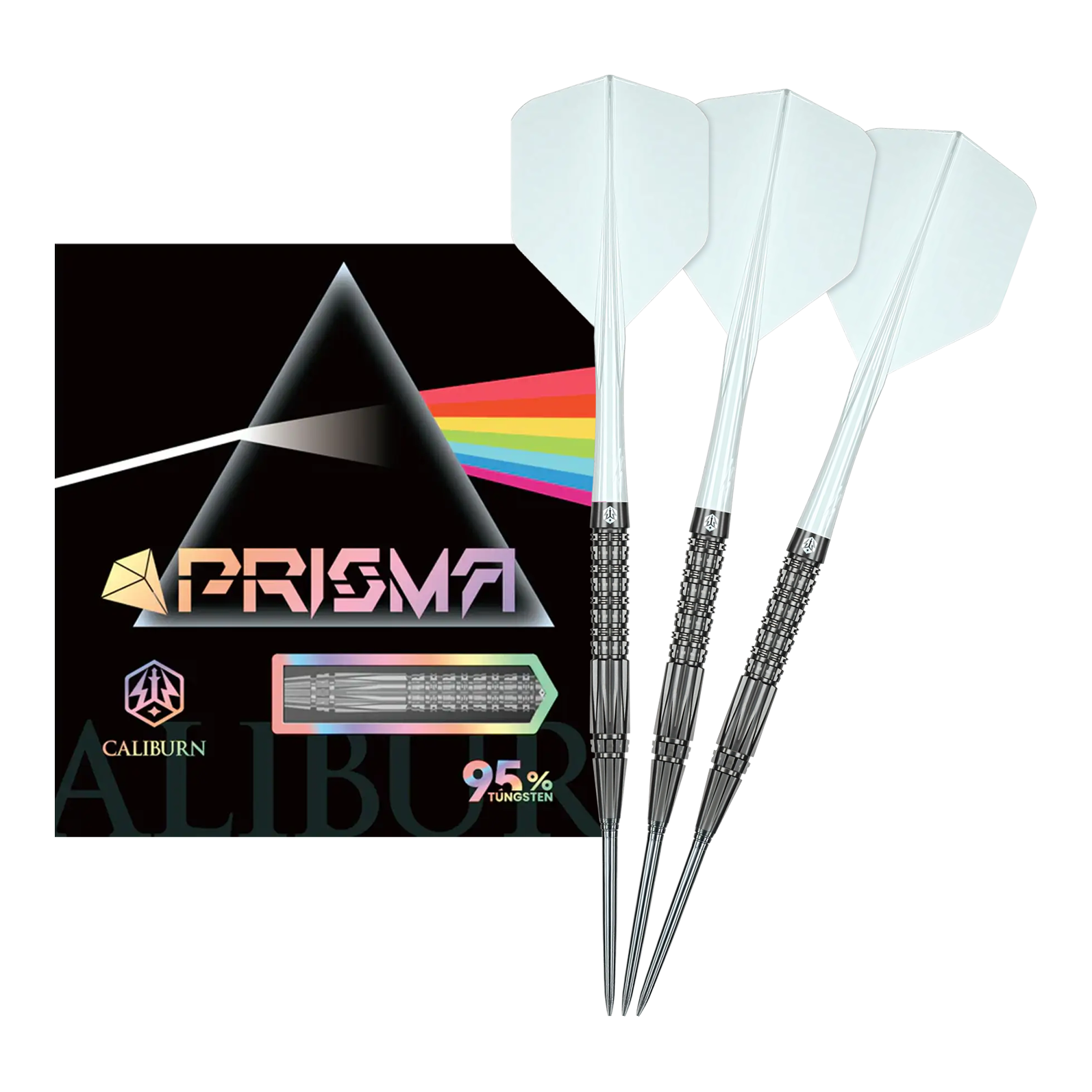 Auf dem Bild sieht man die Caliburn Prisma P2 Steeldarts, 20,5g. Diese Steeldarts bieten ein modernes Design für Turnierspieler.