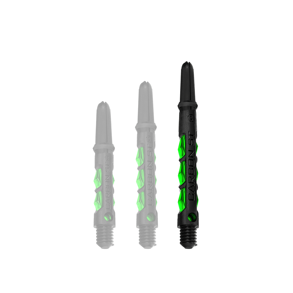 HR424_Harrows_Carbon_ST_Shafts_Gr-n_47mm_1 Das Bild zeigt drei schwarze Dartschäfte mit grünen Akzenten der Marke "Harrows Carbon ST". Die Schäfte sind in unterschiedlichen Längen angeordnet.