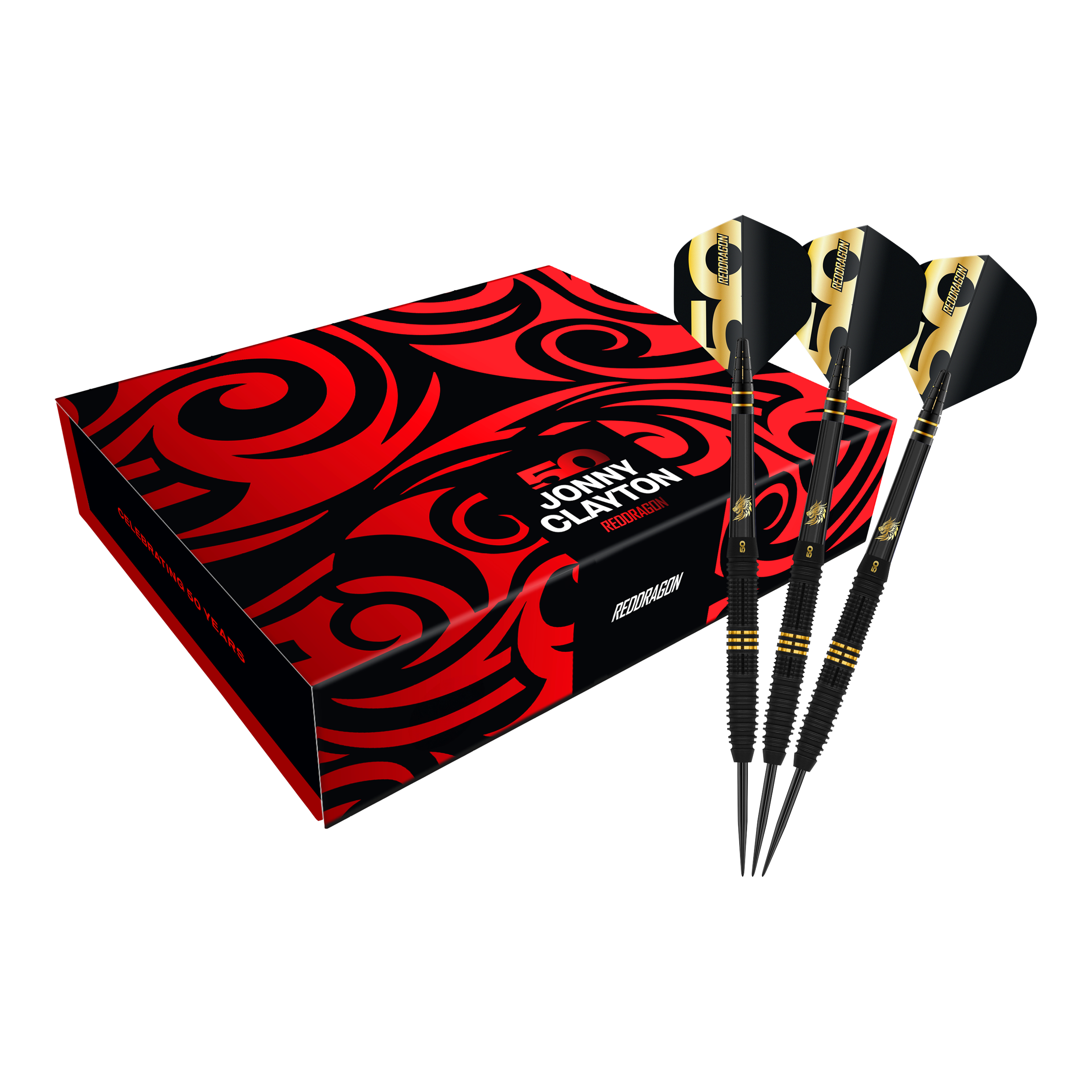Hier sind die Red Dragon Jonny Clayton 50 Years Player Limited Edition Steeldarts zu sehen. Das Set feiert das 50-jährige Spielerjubiläum von Jonny Clayton.