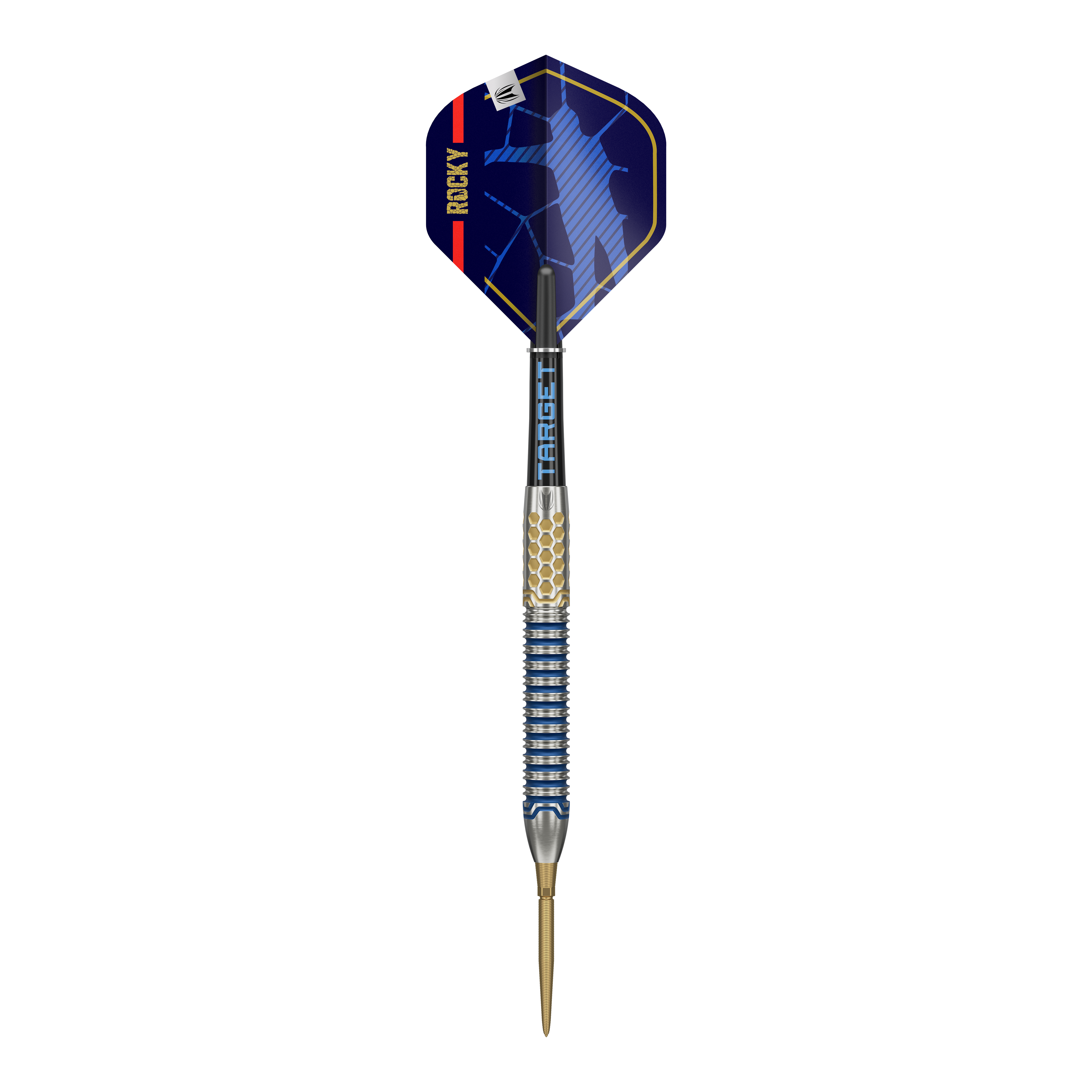 Target Josh Rock GEN1 Swiss Point Steeldarts Der Target Josh Rock GEN1 Swiss Point Steeldart hat ein modernes, auffälliges Design in Blau, Gold und Silber. Der Flight zeigt das Wort "ROCKY" und ein stilisiertes Motiv.