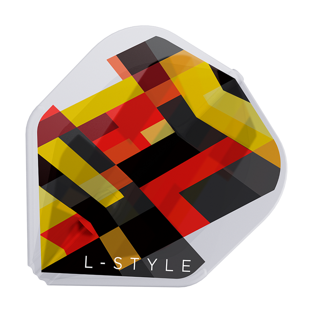 Das Bild zeigt ein L-Style RYB-Series Type A Clear White L1EZ Flight. Das Flight hat ein modernes, geometrisches Design in Schwarz, Rot und Gelb auf weißem Hintergrund.