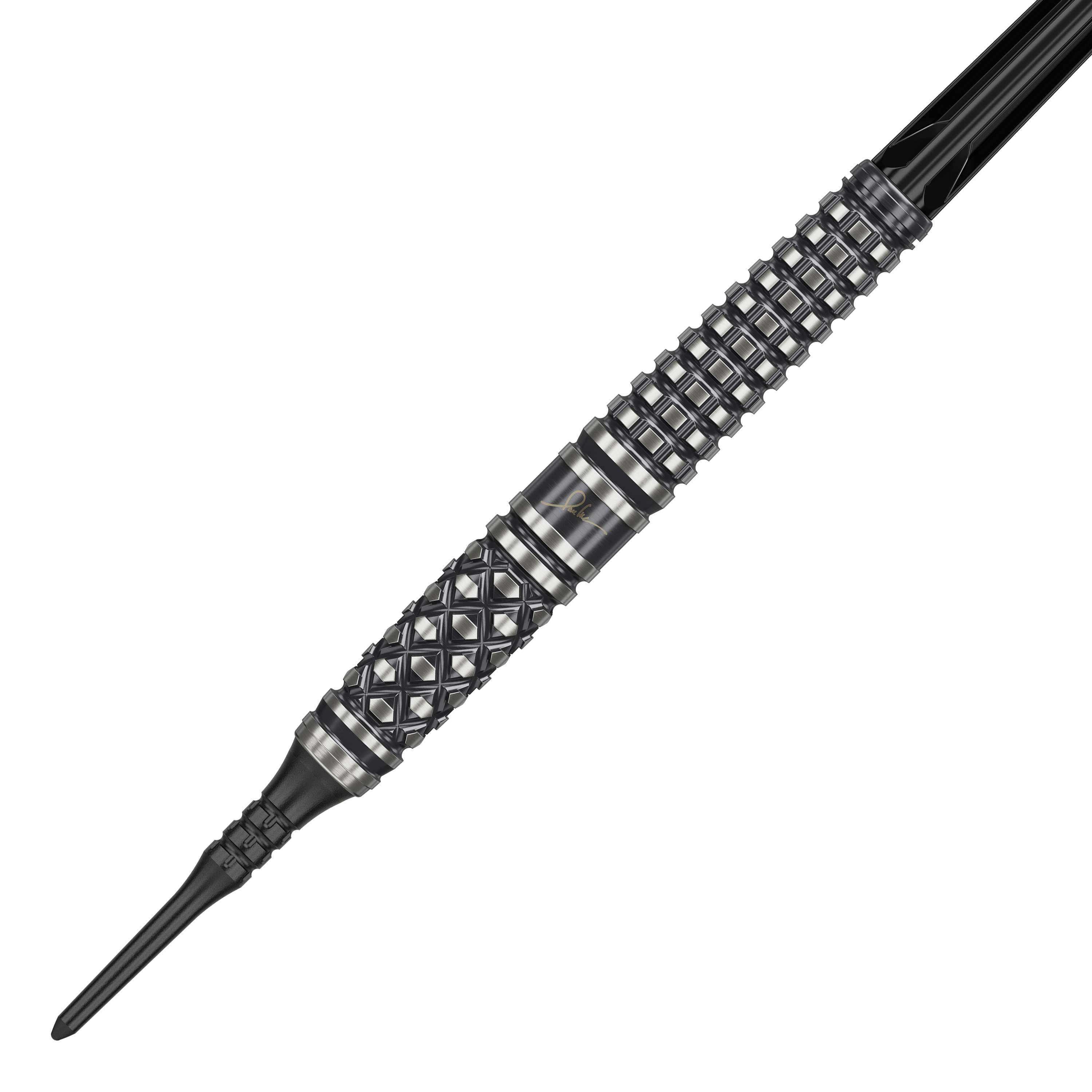 Target Japan Paul Lim The Legend GEN8 Softdarts - 19g Das Bild zeigt einen "Target Japan Paul Lim The Legend GEN8 Softdart" mit 19g Gewicht. Der Dart hat ein markantes, schwarzes Design mit silbernen Rillen und einem strukturierten Griff.
