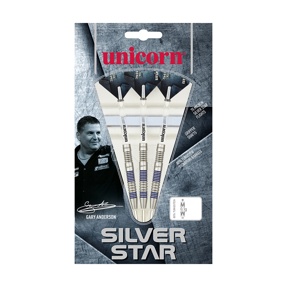 Auf dem Bild ist eine Verpackung mit drei Steel-Darts der Marke "Unicorn Silver Star" zu sehen. Die Verpackung zeigt außerdem ein Foto von Gary Anderson und enthält Details zu den Dartpfeilen.