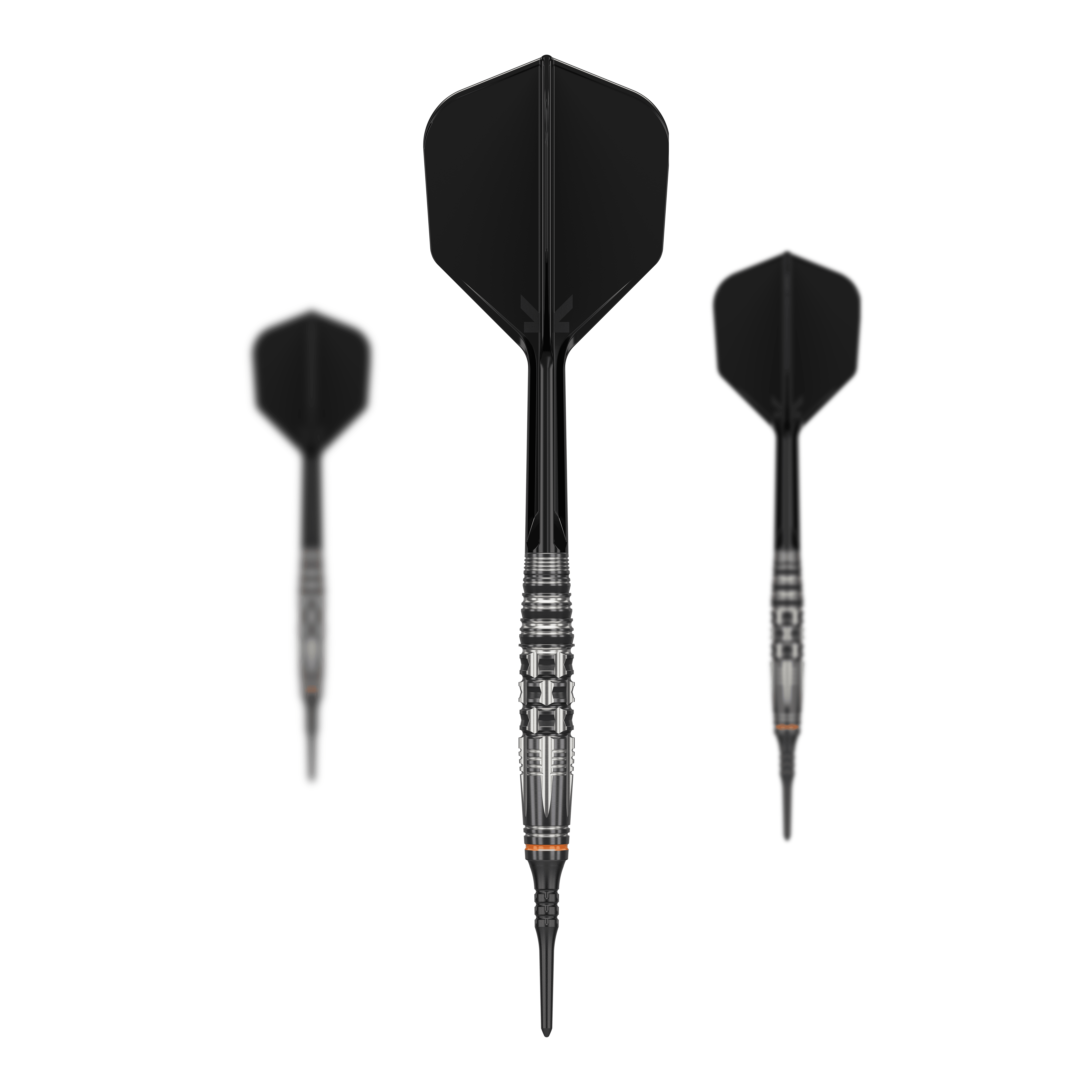 Das Bild zeigt drei Softdarts des Modells "Target Japan Black Marque Dancing Duck GEN 4" mit einem Gewicht von 17g. Die Darts haben ein modernes, schwarzes Design mit silbernen Akzenten am Barrel.