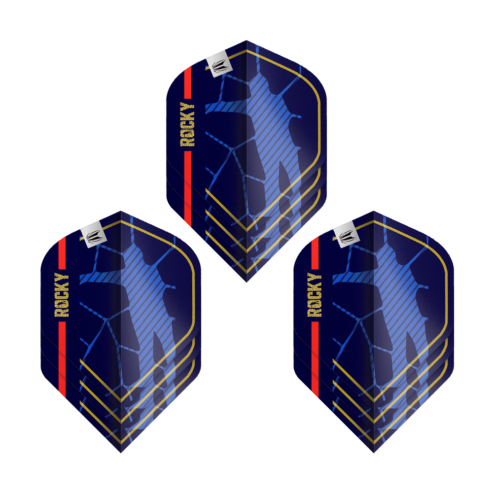 Das Bild zeigt drei Sätze der Target Pro Ultra Josh Rock GEN1 No2 Standard Flights. Die Flights sind dunkelblau mit goldenen, roten und blauen Akzenten sowie dem Schriftzug "ROCKY".
