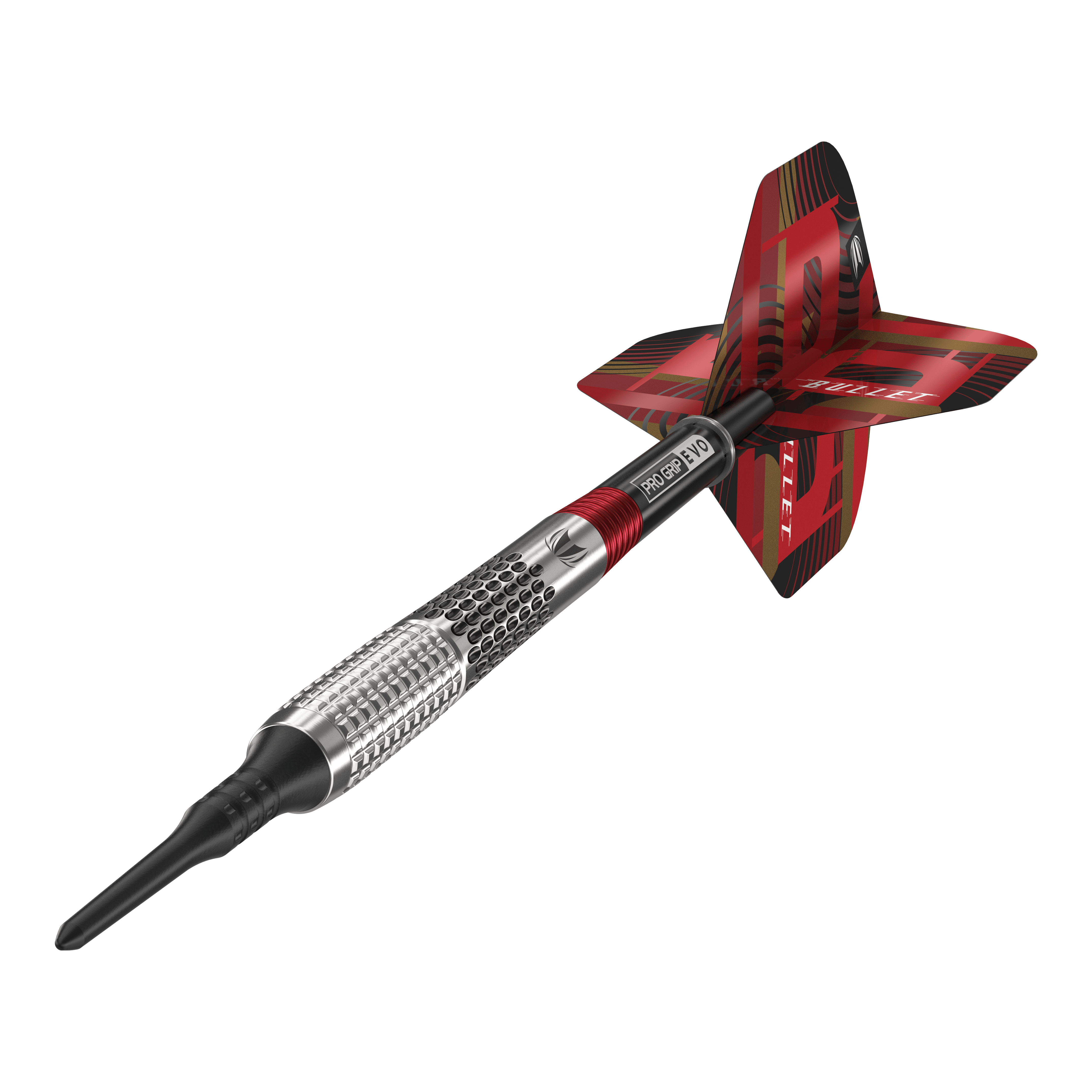 Target Stephen Bunting GEN5 Softdarts - 18g Das Bild zeigt einen Target Stephen Bunting GEN5 Softdart mit einem Gewicht von 18g. Der Dartpfeil hat ein silbernes Griffstück mit roten und schwarzen Akzenten sowie einer auffälligen roten Flights.