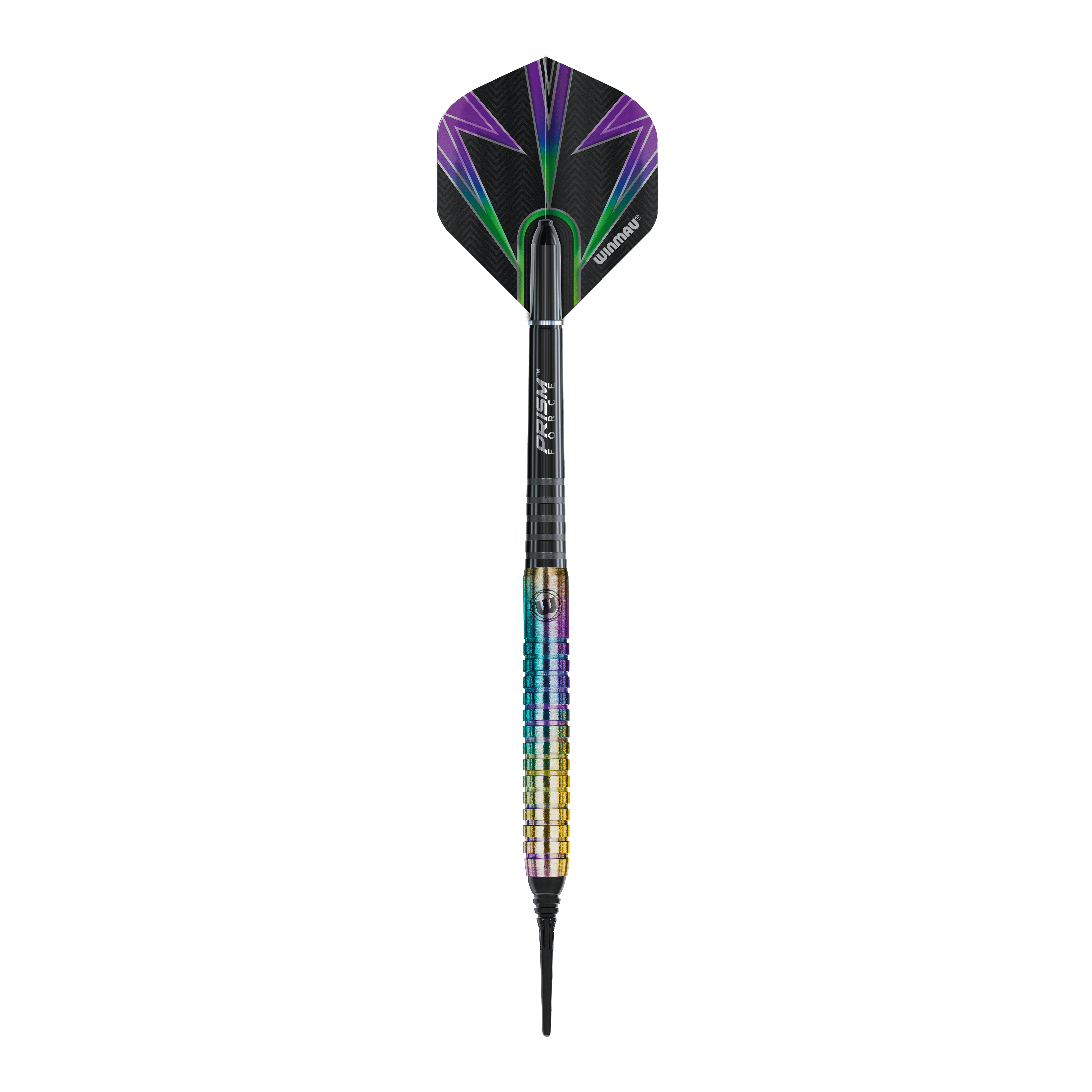 Winmau Foxfire Urban Softdarts - 20g Das Bild zeigt den Winmau Foxfire Urban Softdart mit einem Gewicht von 20g. Der Dartpfeil hat ein farbenfrohes Design mit schwarzen, lila und grünen Akzenten.