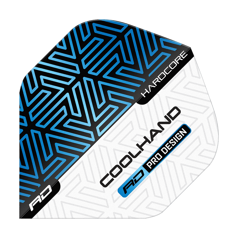 Das Bild zeigt ein Dartflight in Blau, Schwarz und Weiß mit geometrischem Muster. Auf dem Flight stehen die Wörter „HARDCORE“, „COOLHAND“ und „RD PRO DESIGN“.