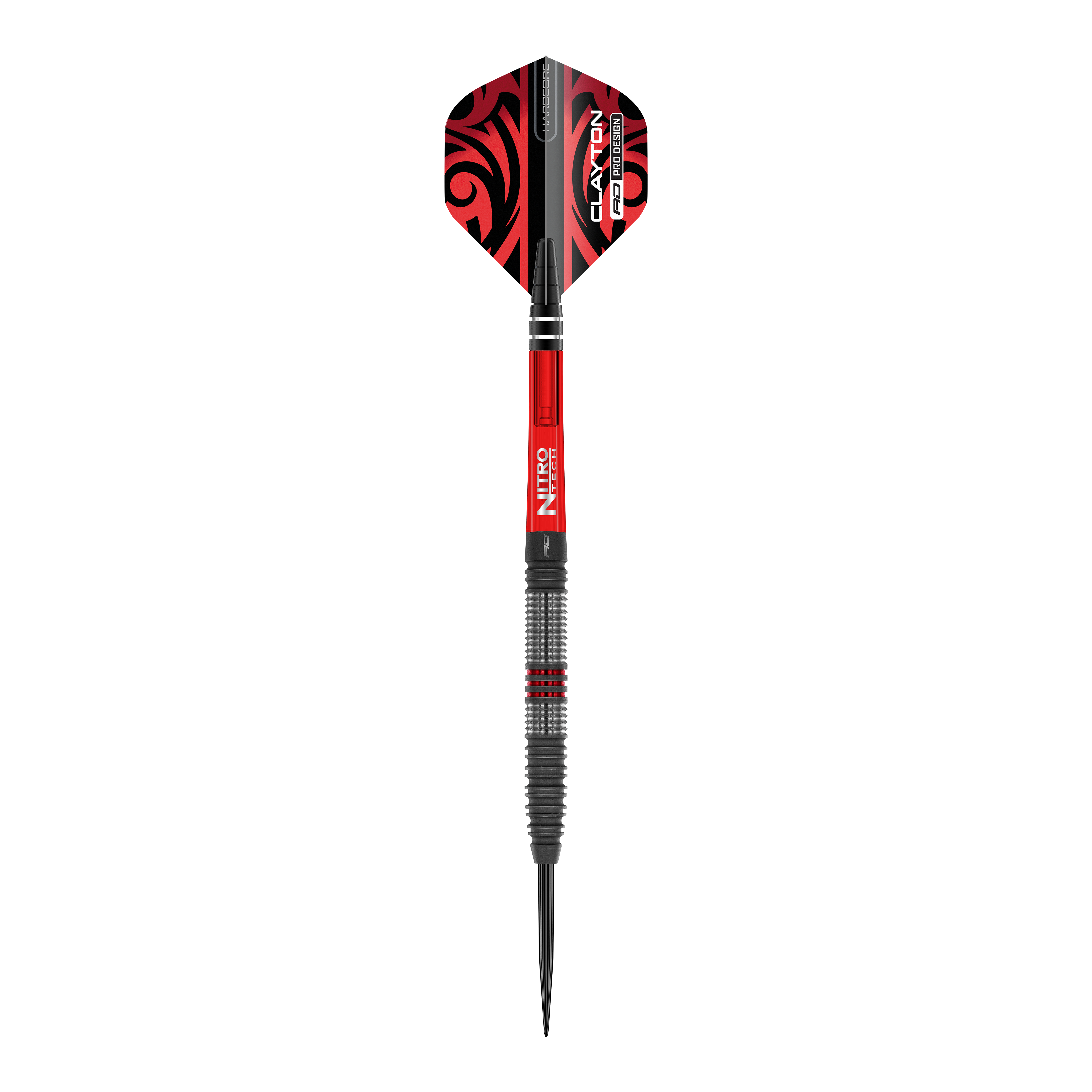 Red Dragon Jonny Clayton Hiraeth Steeldarts Das Bild zeigt einen Red Dragon Jonny Clayton Hiraeth Steeldart. Der Dart ist in Schwarz und Rot gehalten und hat auffällige Muster auf den Flights.