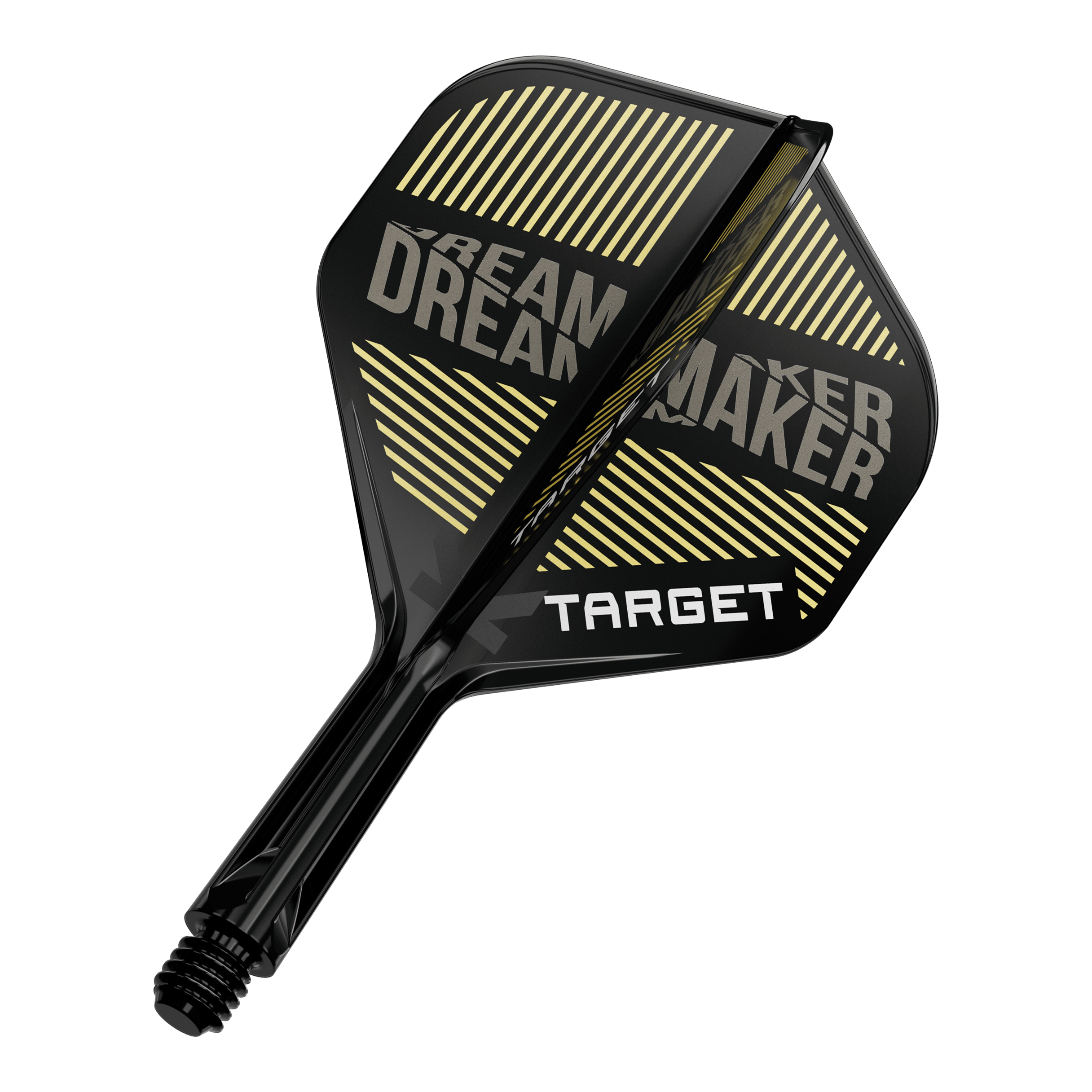 Target K-Flex Dimitri Van Den Bergh No2 Standard Flight-Shaft-System Auf dem Bild ist ein schwarzer Dart-Flügel mit gelben Streifen und dem Schriftzug „DREAM MAKER“ zu sehen. Darauf steht außerdem das Wort „TARGET“ in weißen Buchstaben.