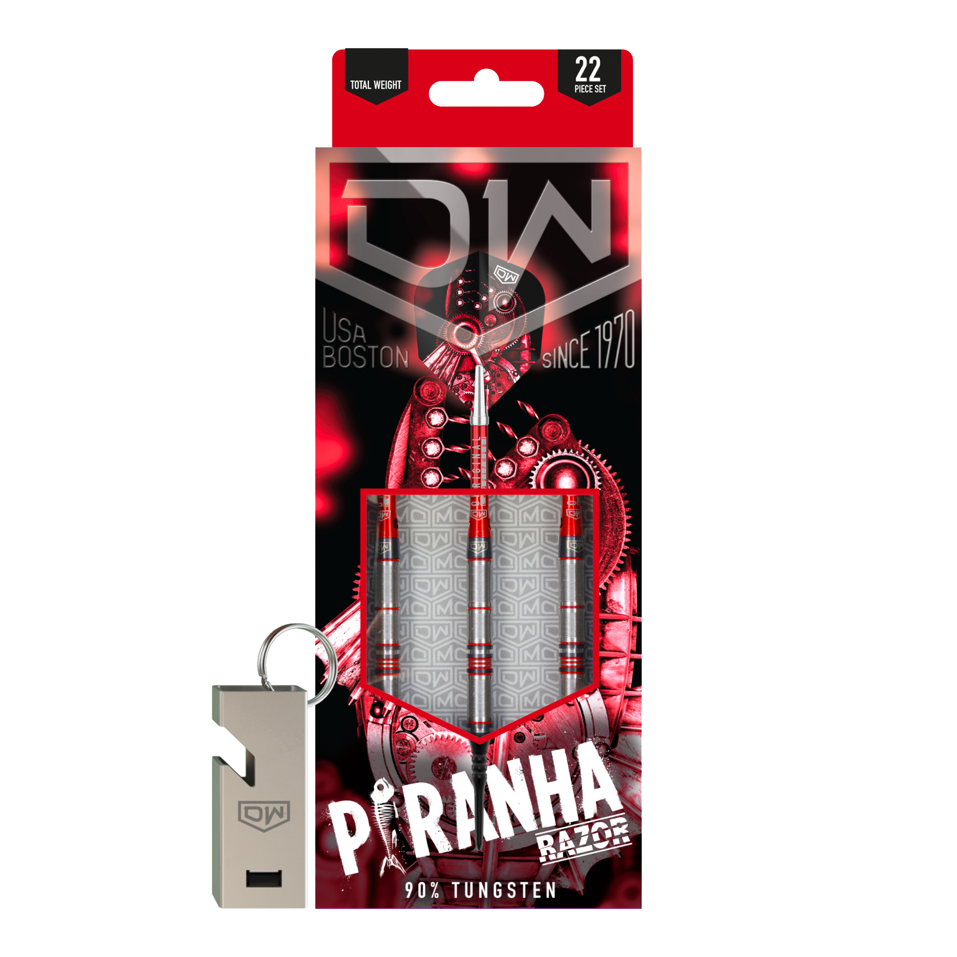 DW Piranha Razor 02 Softdarts Das Bild zeigt die Verpackung der DW Piranha Razor 02 Softdarts. Die Verpackung ist überwiegend schwarz und rot gestaltet und enthält drei Darts sowie ein Zubehörteil.
