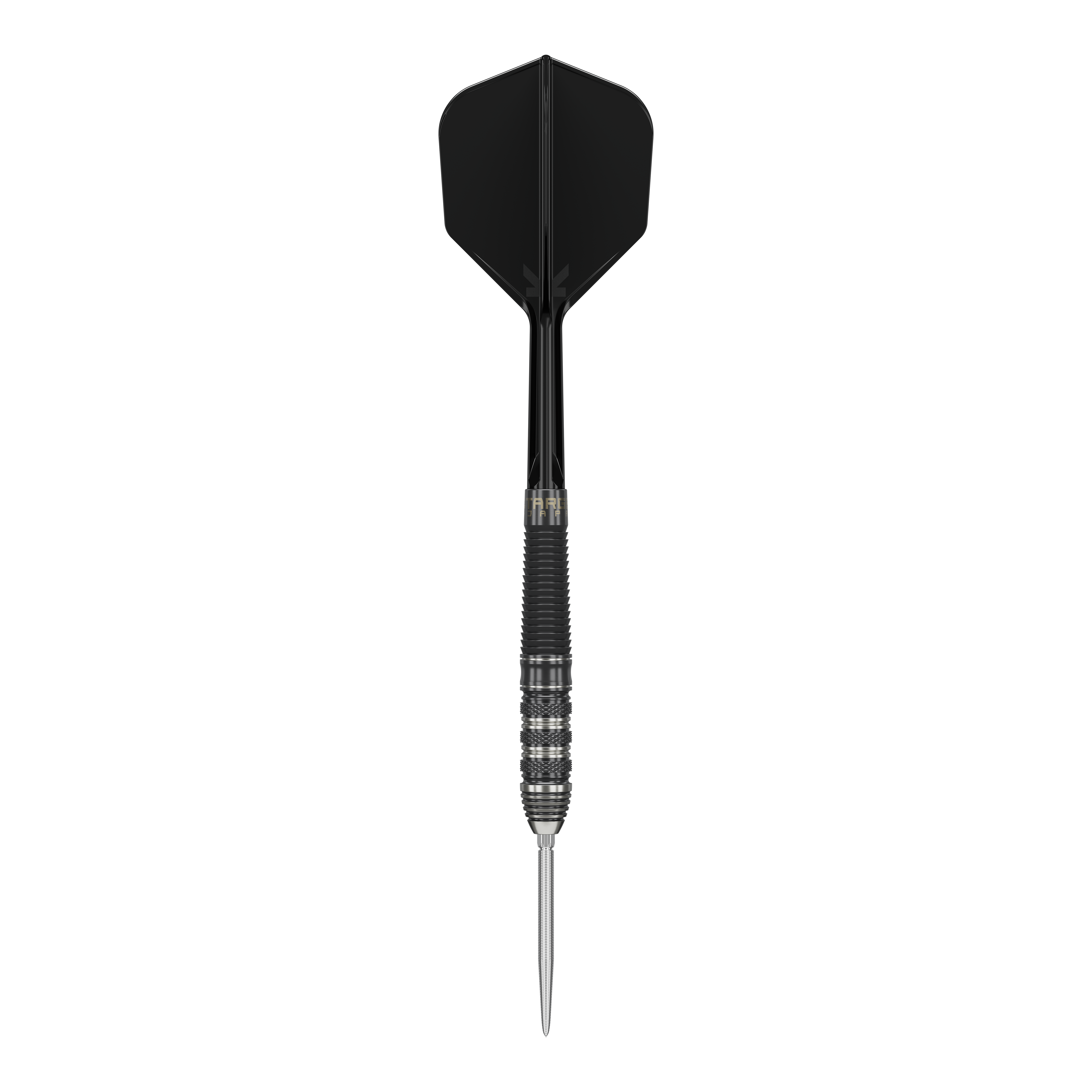 Das Bild zeigt einen Target Japan Black Marque Armageddon GEN2 Swiss Point Steeldart. Der Dartpfeil ist schwarz und silber mit einer scharfen Stahlspitze und einem schwarzen Flight.