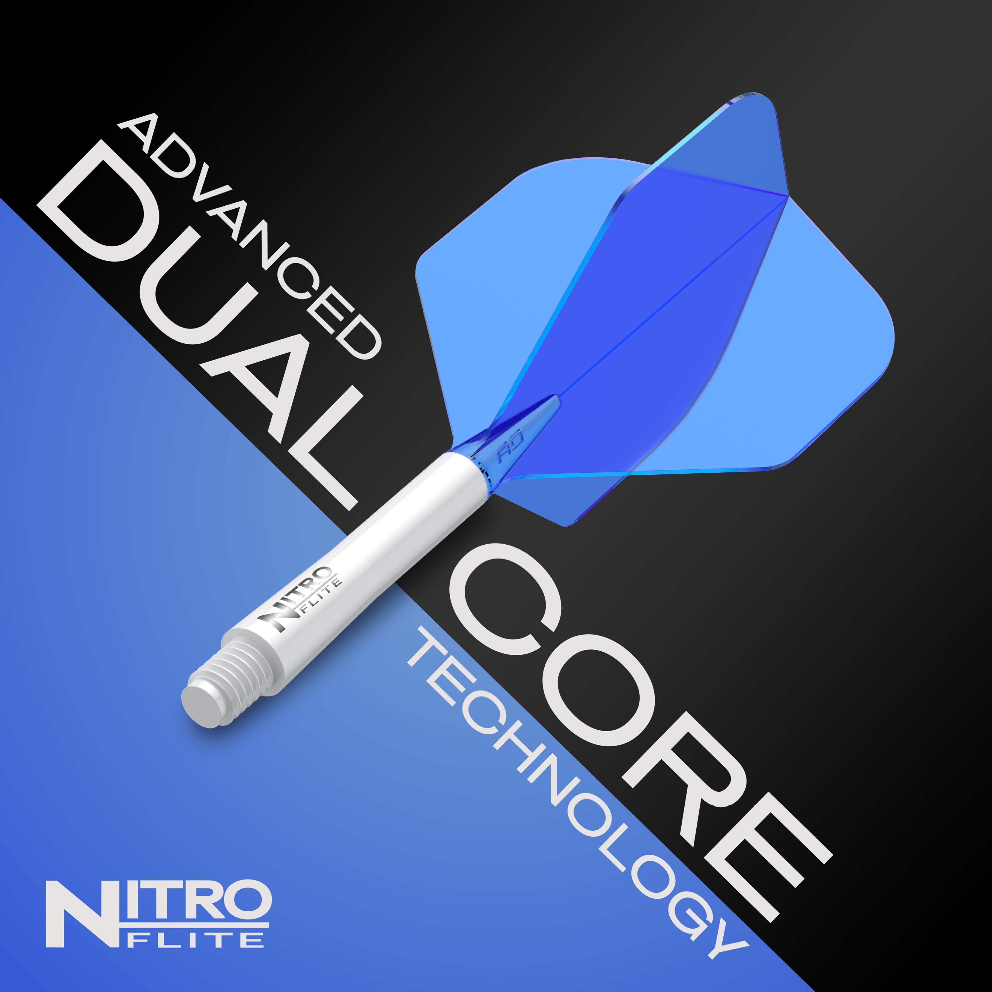 Das Bild zeigt das Produkt "Red Dragon Nitroflite - White Shaft Blue No2 Flights" mit einem weißen Schaft und blauen Flügeln. Im Hintergrund steht „Advanced Dual Core Technology“ und das Nitroflite-Logo ist unten links zu sehen.