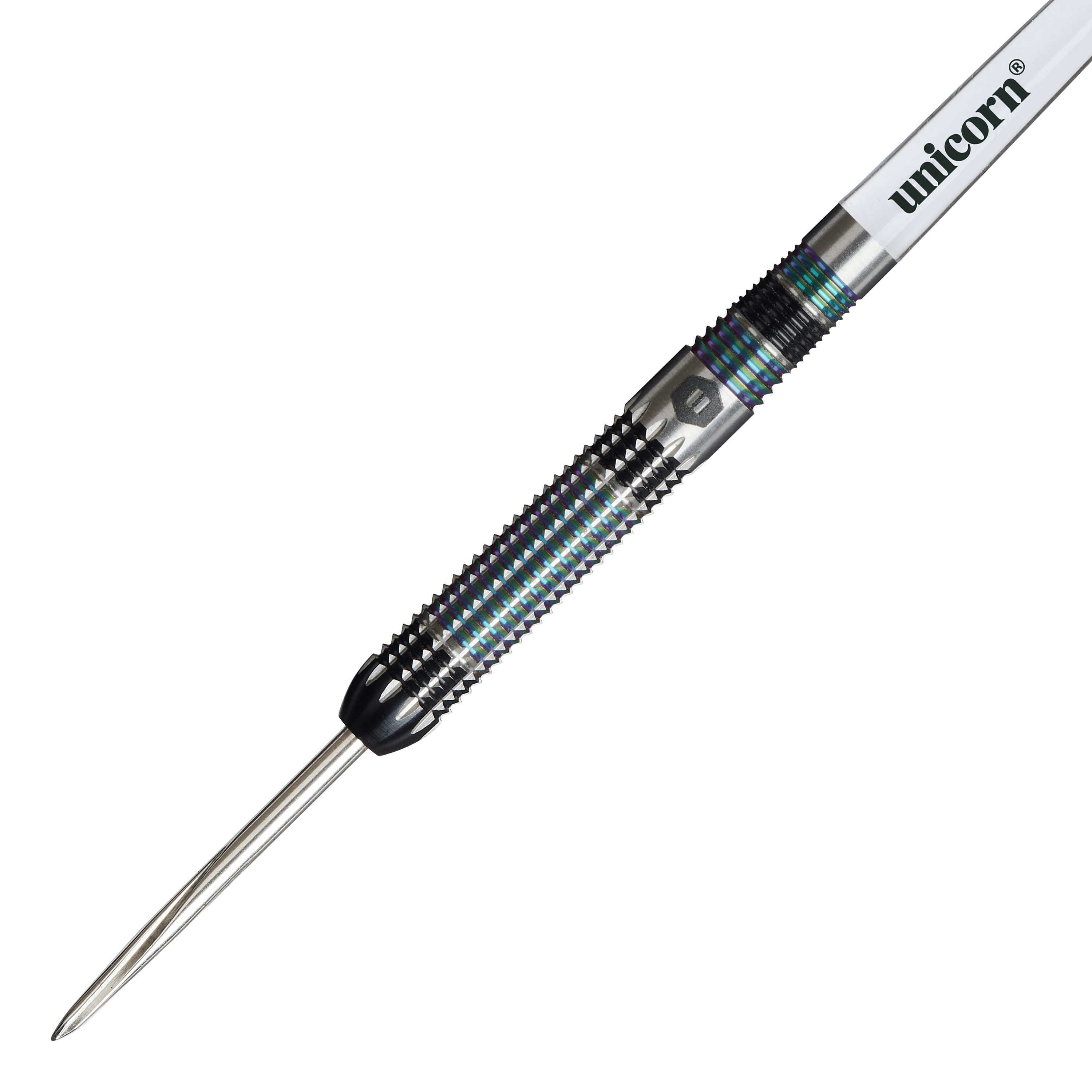 Das Bild zeigt einen Unicorn Iris Steeldart mit einer spitzen Metallspitze und einem geriffelten Griff. Auf dem Schaft steht der Markenname "unicorn".