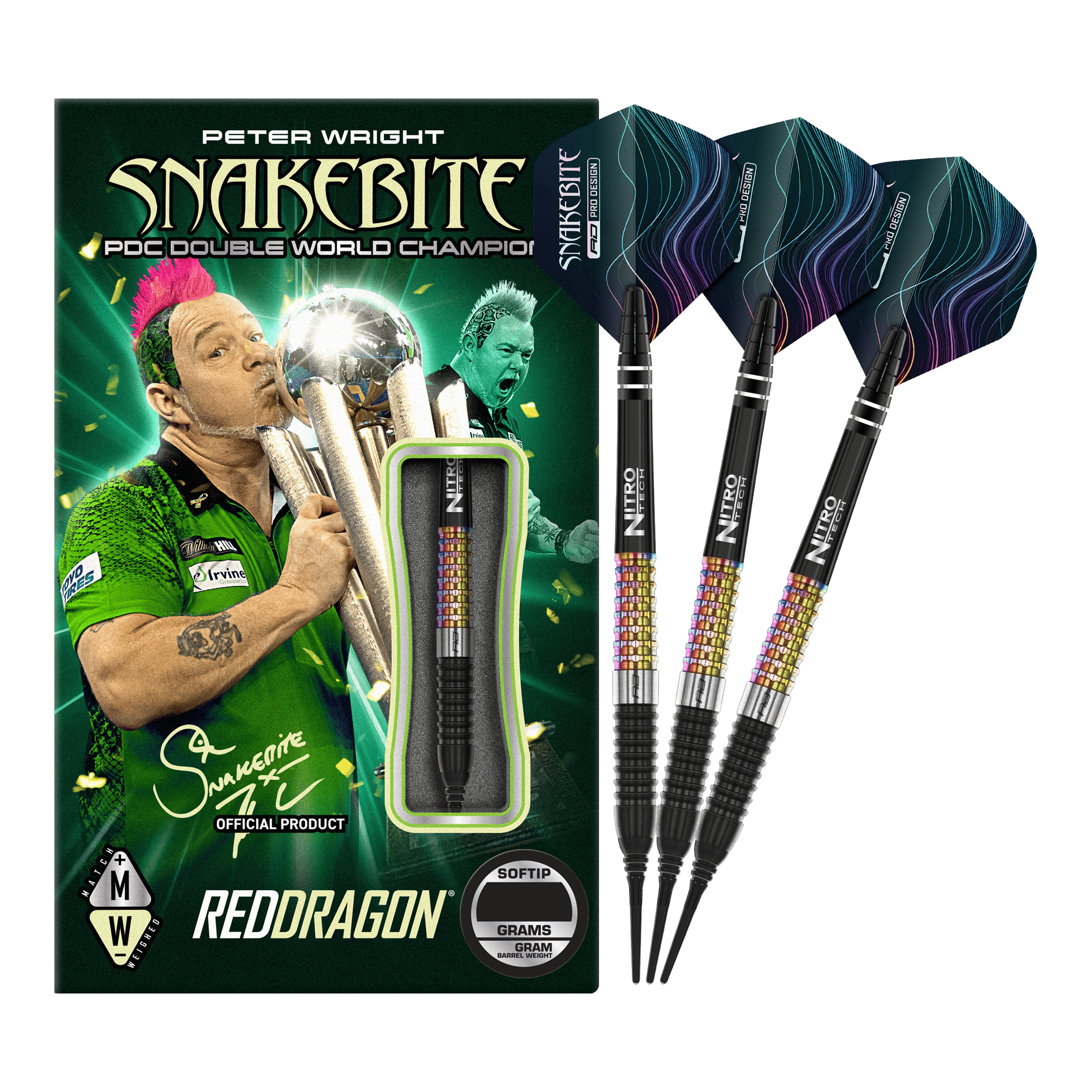 Das Bild zeigt das Produkt "Red Dragon Peter Wright Corra Softdarts - 18g" mit einer farbenfrohen Verpackung. Drei Softdarts mit buntem Griff und schwarzen Spitzen sind daneben abgebildet.