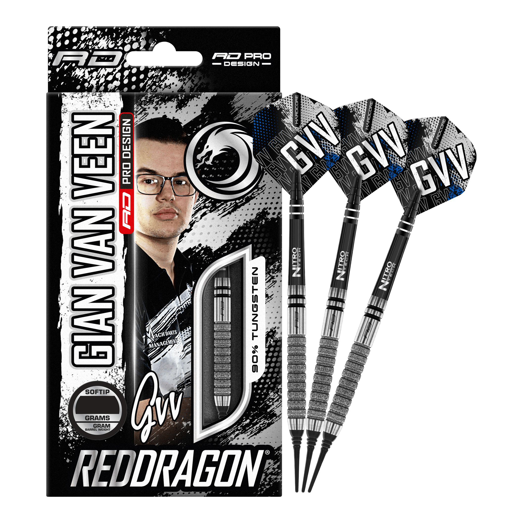 Red Dragon Gian Van Veen Tour Edition Softdarts - 20g Das Bild zeigt die "Red Dragon Gian Van Veen Tour Edition Softdarts - 20g" mit Verpackung und drei Darts. Auf der Verpackung ist ein Porträt von Gian Van Veen sowie die Produktinformationen zu sehen.