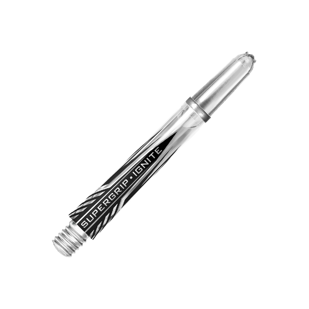 Dies ist ein klarer Harrows Supergrip Ignite Shaft. Der Schaft hat ein modernes Design mit schwarz-weißen Akzenten und der Aufschrift "SUPERGRIP IGNITE".