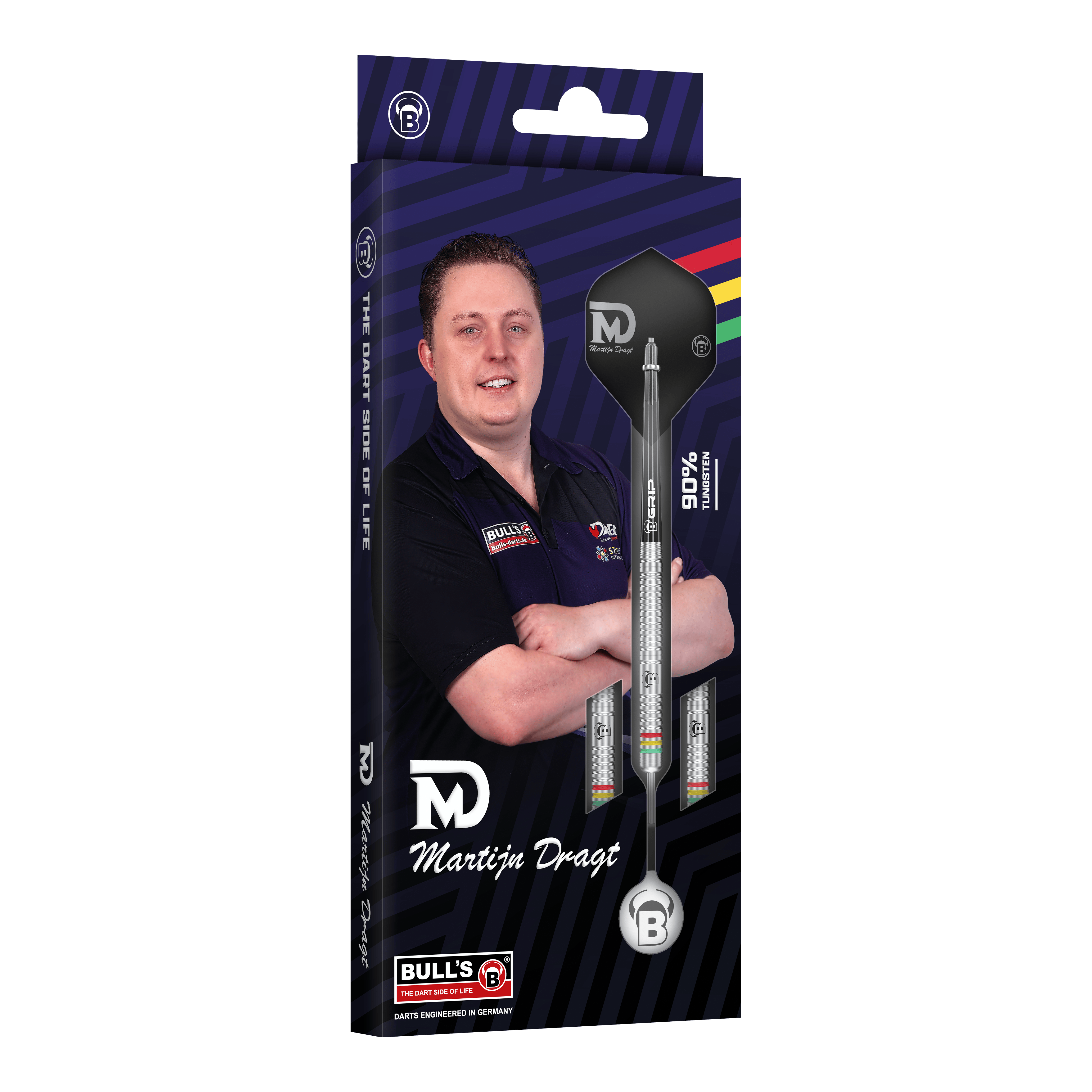 Bulls Martijn Dragt Steeldarts - 24g Die Abbildung zeigt die Verpackung der "Bulls Martijn Dragt Steeldarts - 24g". Auf der Schachtel ist ein Bild von Martijn Dragt sowie die abgebildeten Steeldarts zu sehen.