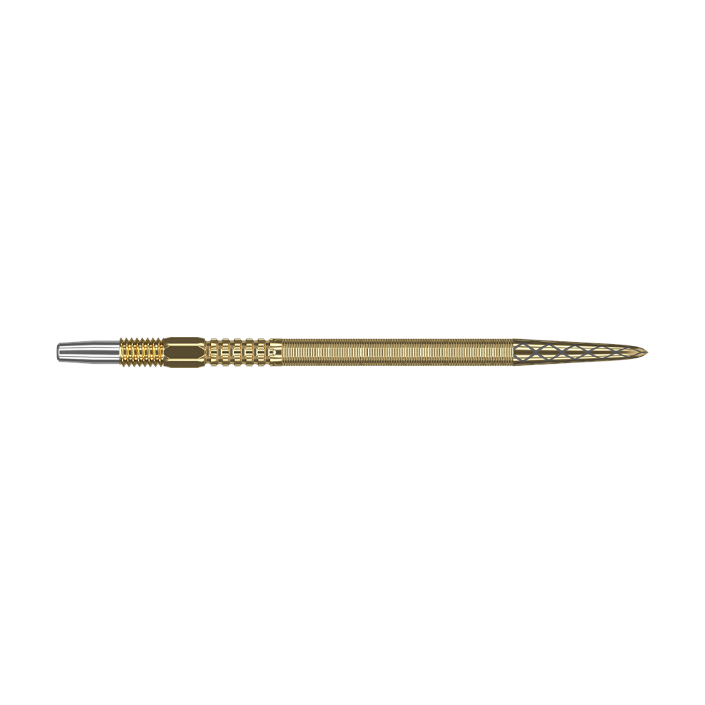 Target Swiss Point DX Dartspitzen - Gold Das Bild zeigt eine goldene Dartspitze mit feinen Rillen und detailliertem Muster. Sie hat am Ende eine silberne Metallspitze.