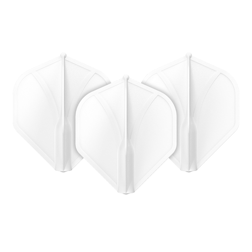 Das Bild zeigt drei weiße Dart-Flights in einer Reihe. Sie haben eine geformte, stabile Struktur und sind identisch.