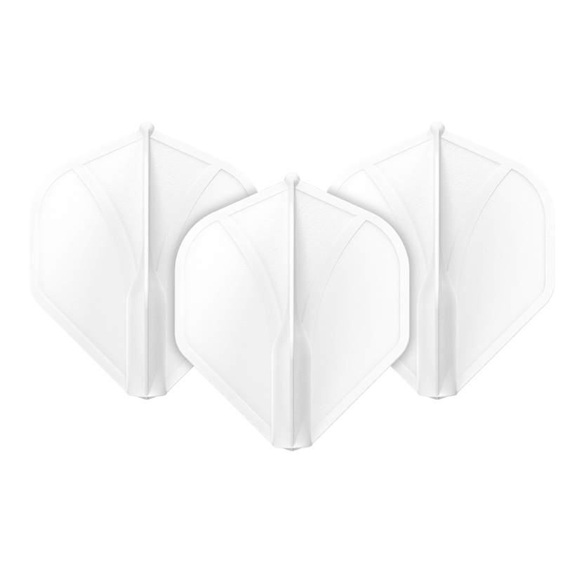 Shot Airfoil Moulded No2 Standard Flights Das Bild zeigt drei weiße Dart-Flights in einer Reihe. Sie haben eine geformte, stabile Struktur und sind identisch.