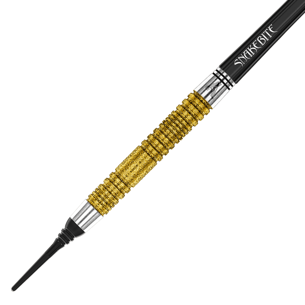 Red Dragon Peter Wright Double World Champion SE Gold Plus Softdarts - 20g Das Bild zeigt einen goldfarbenen Softdartpfeil mit schwarzer Spitze und dem Schriftzug "Snakebite" auf dem Schaft. Es handelt sich um das Modell "Red Dragon Peter Wright Double World Champion SE Gold Plus Softdarts - 20g".