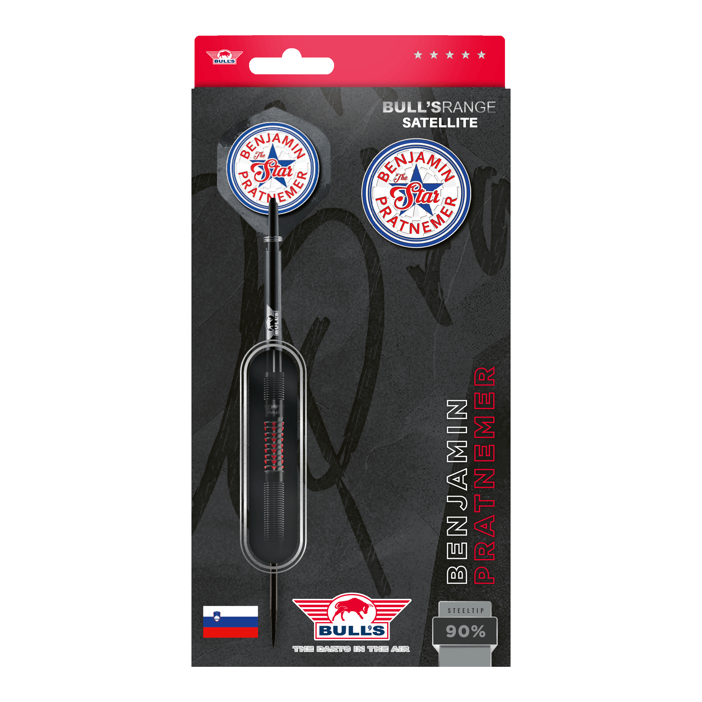 Bulls NL Benjamin Pratnemer Steeldarts - 20g Das Bild zeigt die Verpackung der "Bulls NL Benjamin Pratnemer Steeldarts - 20g". Auf der Verpackung sind ein Dartpfeil, Ersatzflights und der Name Benjamin Pratnemer abgebildet.