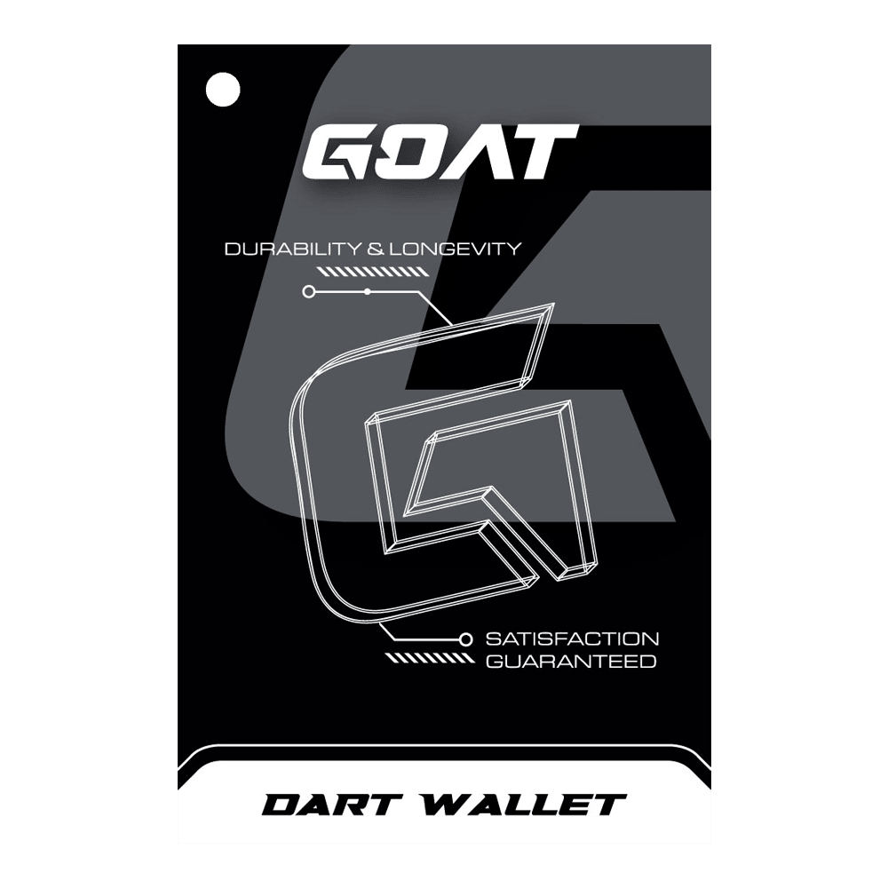 Das Bild zeigt die Verpackung des Produkts "GOAT Locker S Dartwallet". Es hebt die Eigenschaften Langlebigkeit und Zufriedenheit hervor.