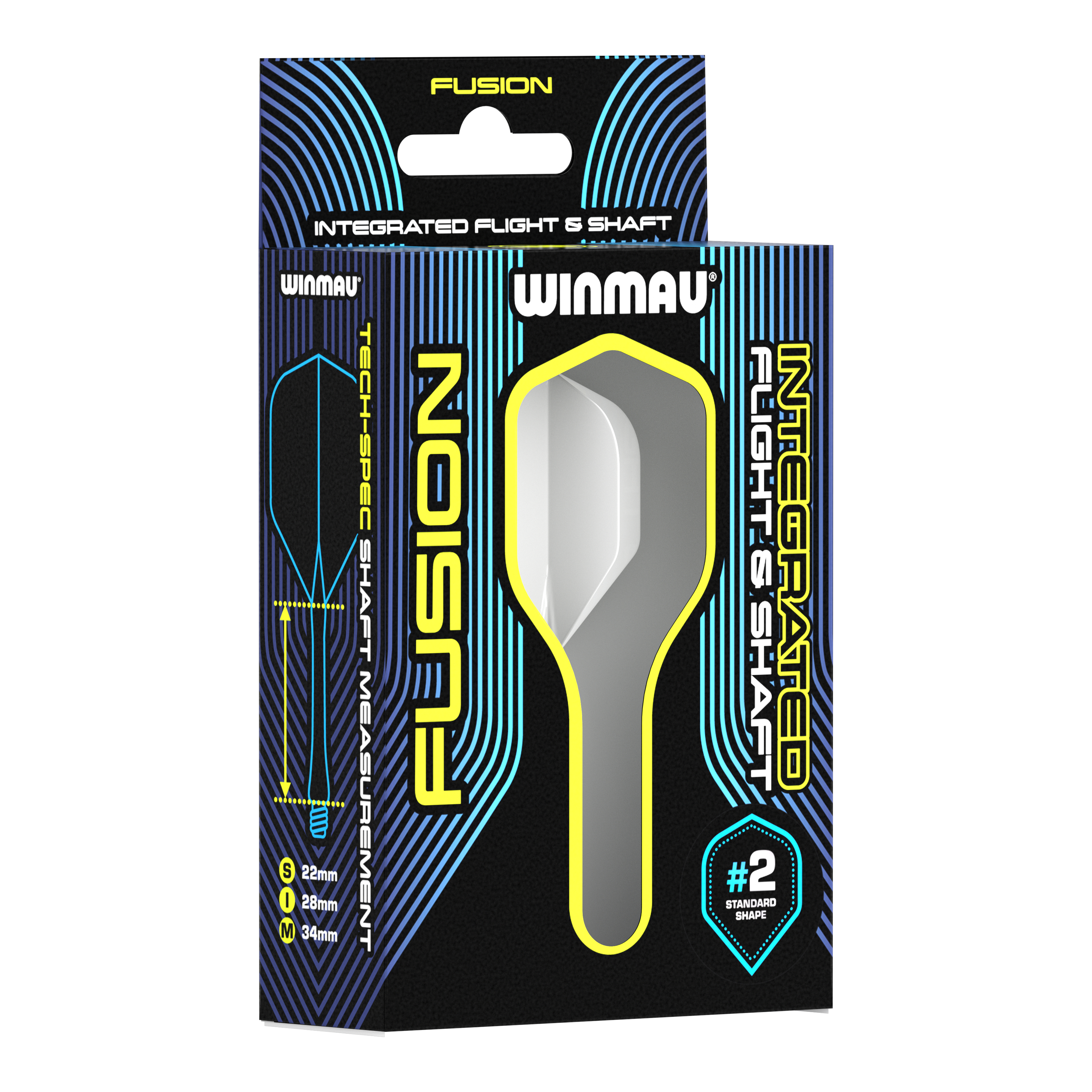 Auf dem Bild ist eine Verpackung des Winmau Fusion Integrated Flight & Shaft Systems zu sehen. Das Produkt ist in der Standardform und in der Größe 34 mm (#2) erhältlich.