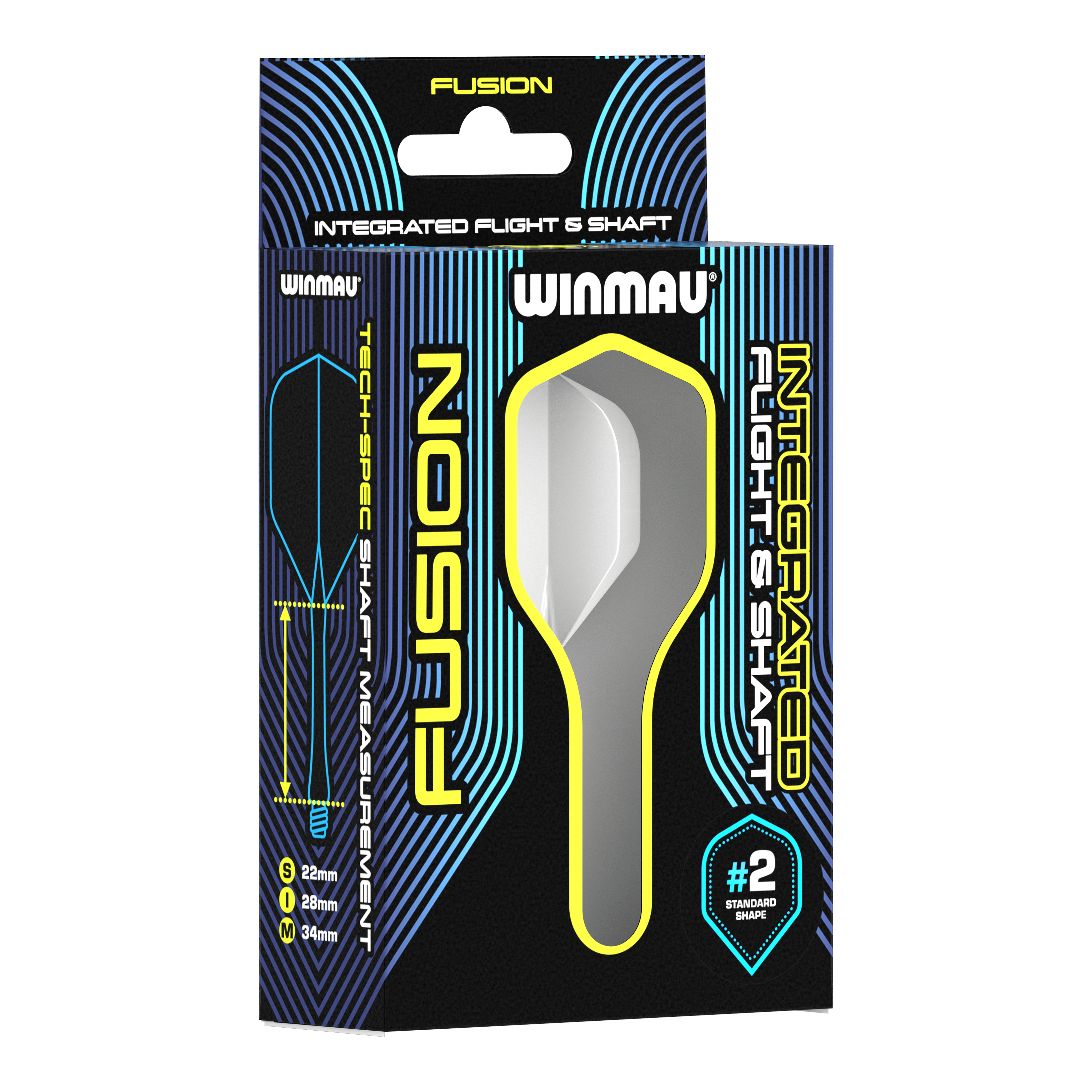 Winmau Fusion Flight Shaft System Standard Weiss Auf dem Bild ist eine Verpackung des Winmau Fusion Integrated Flight & Shaft Systems zu sehen. Das Produkt ist in der Standardform und in der Größe 34 mm (#2) erhältlich.